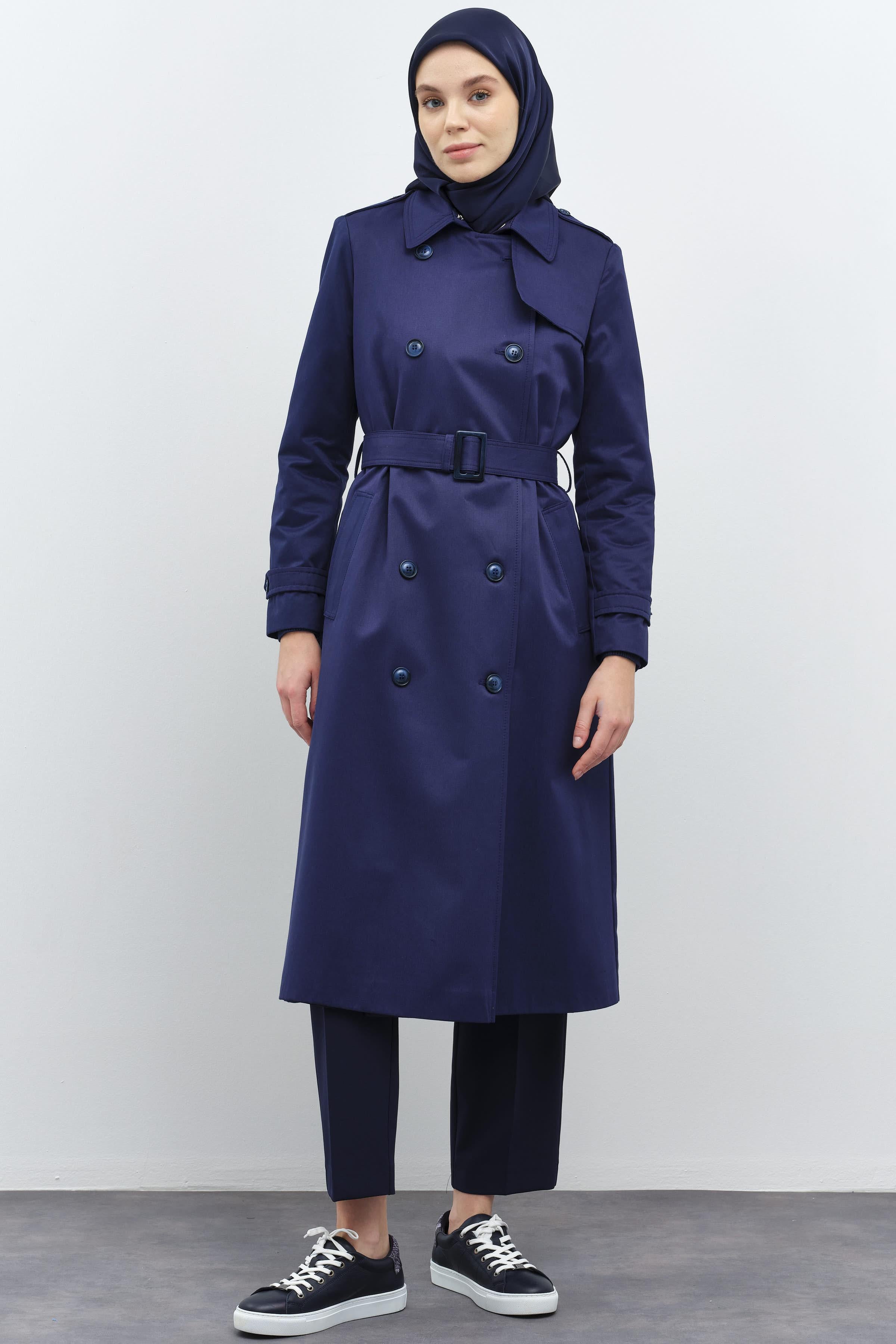 Rüzgarlık Detaylı Pilikaşeli Trenç - İndigo TUGBA