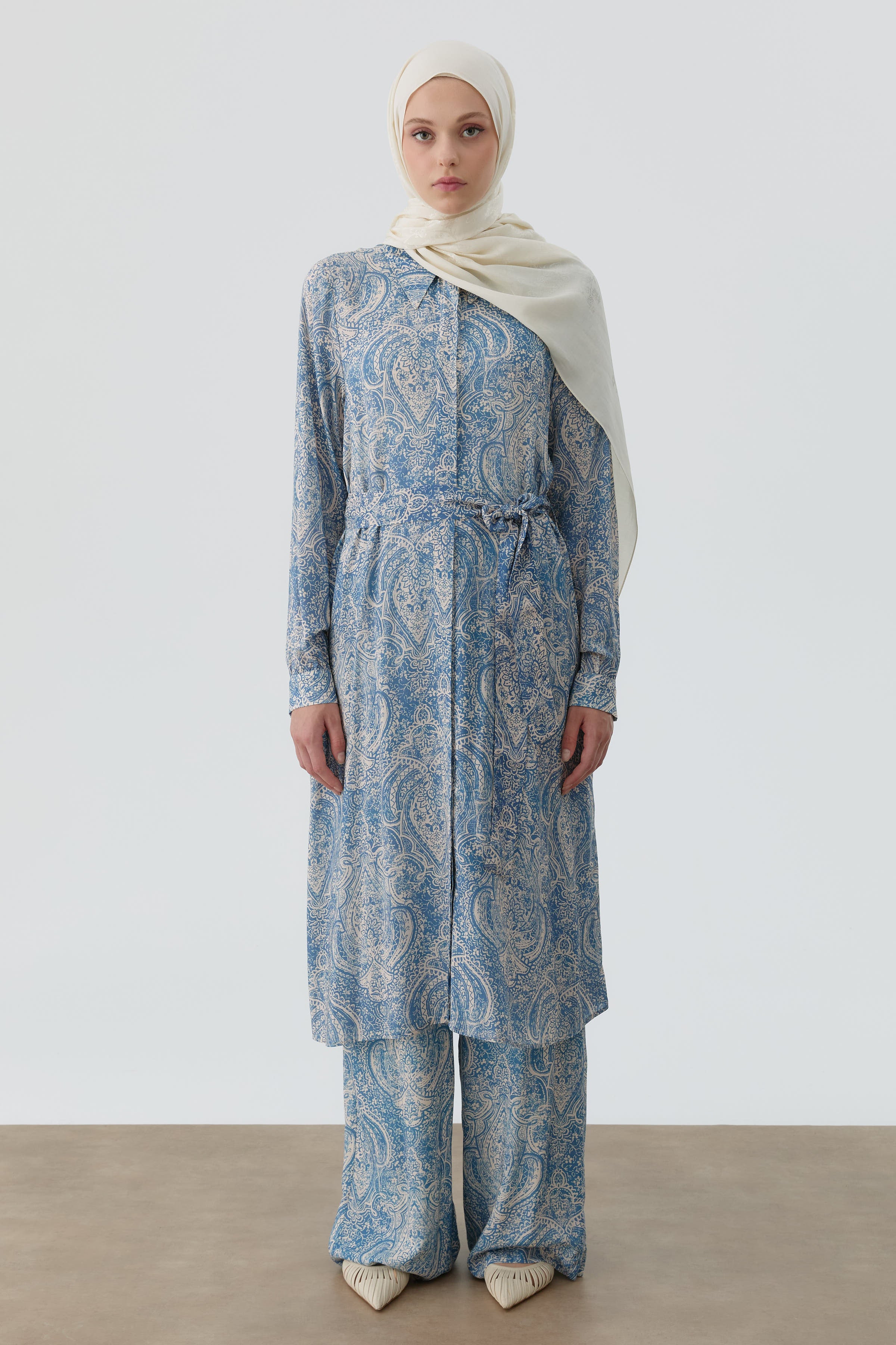 Şal Desenli Bol Paça Pantolon - İndigo TUGBA