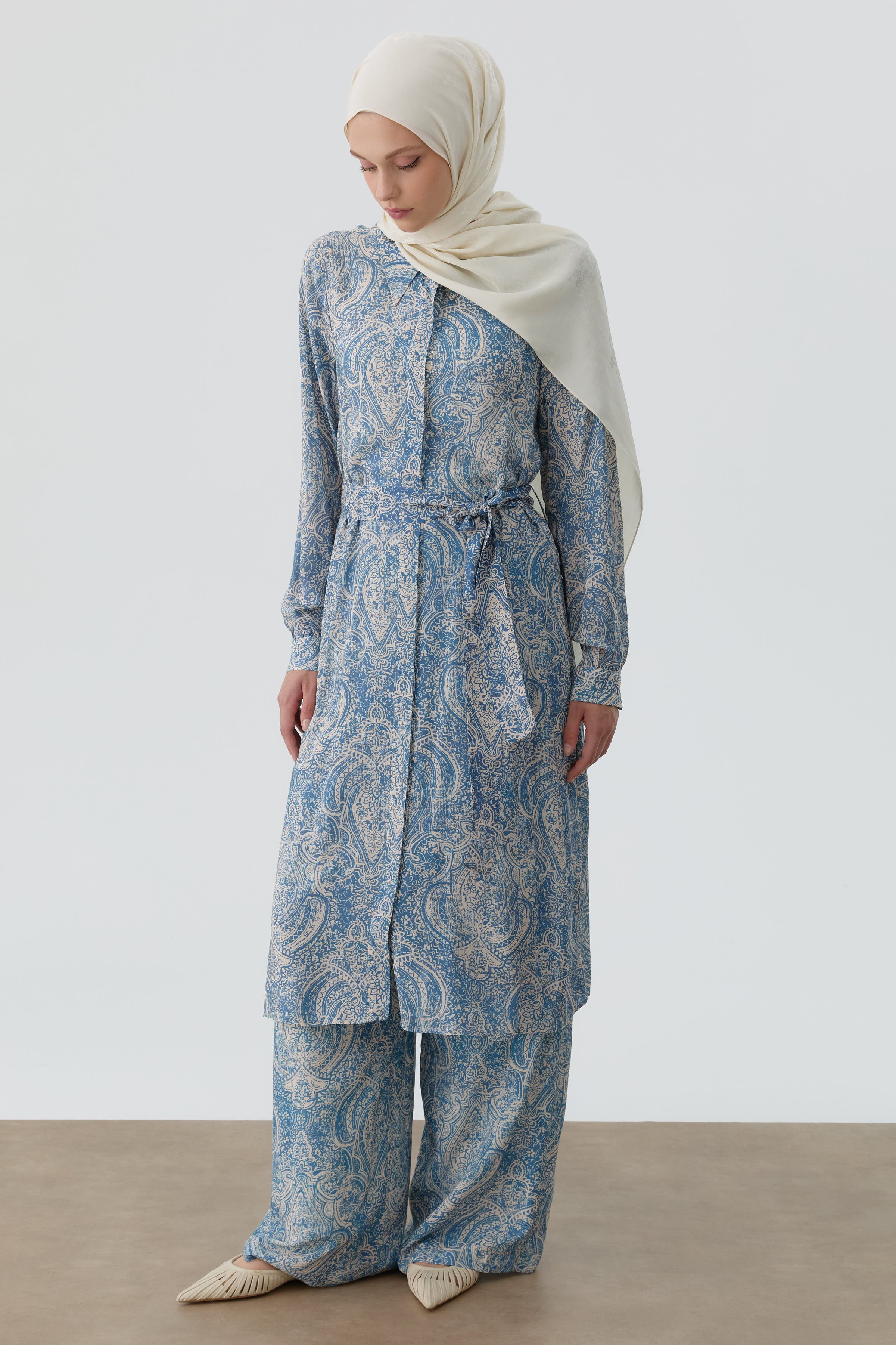 Şal Desenli Bol Paça Pantolon - İndigo TUGBA