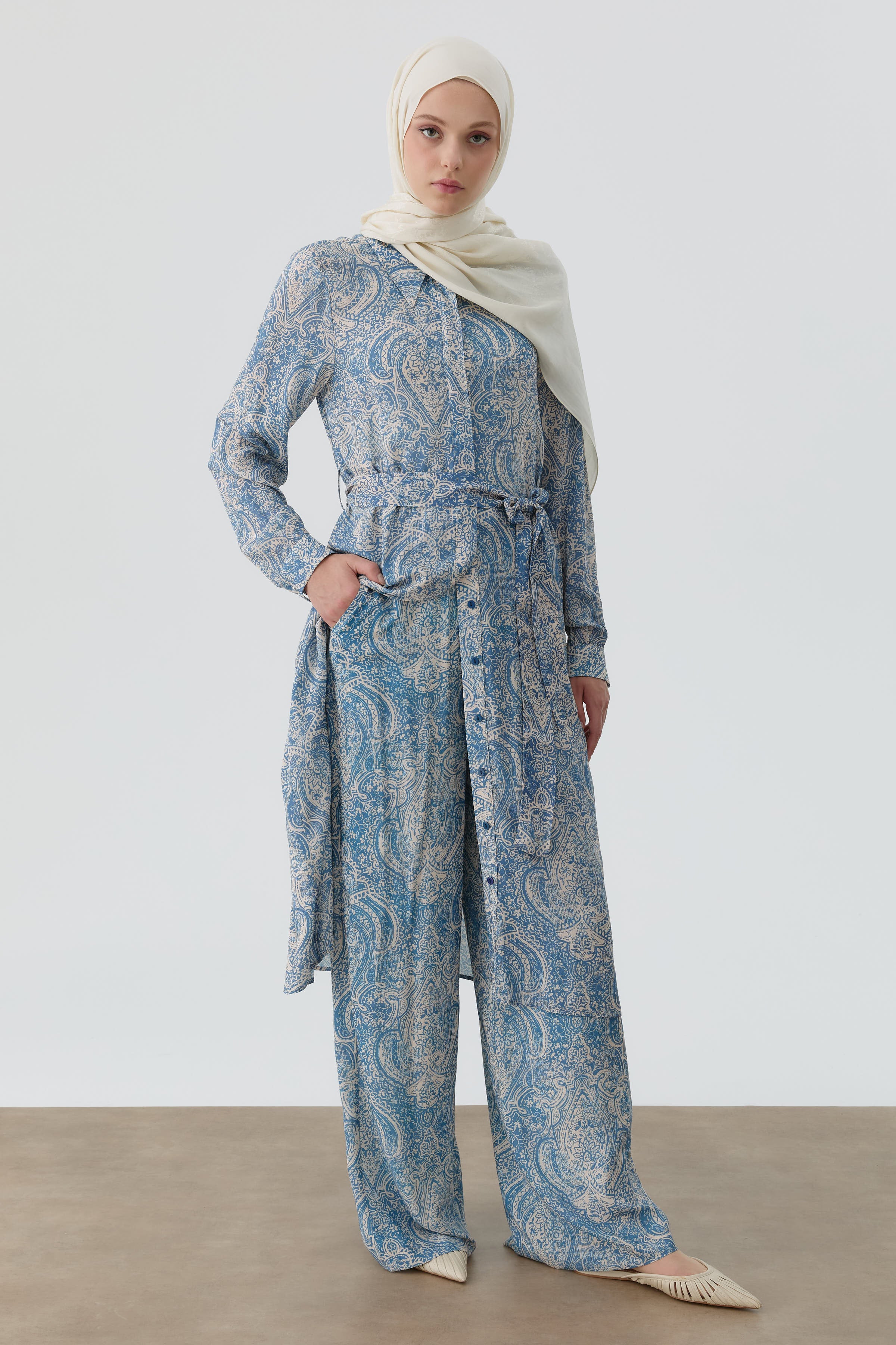 Şal Desenli Bol Paça Pantolon - İndigo TUGBA