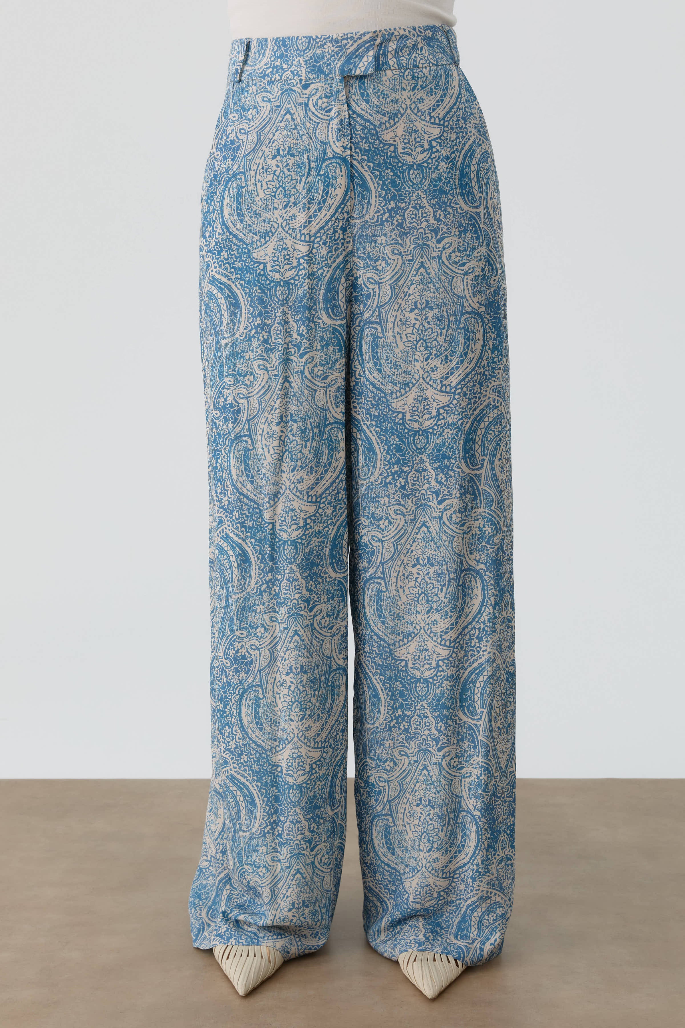 Şal Desenli Bol Paça Pantolon - İndigo TUGBA