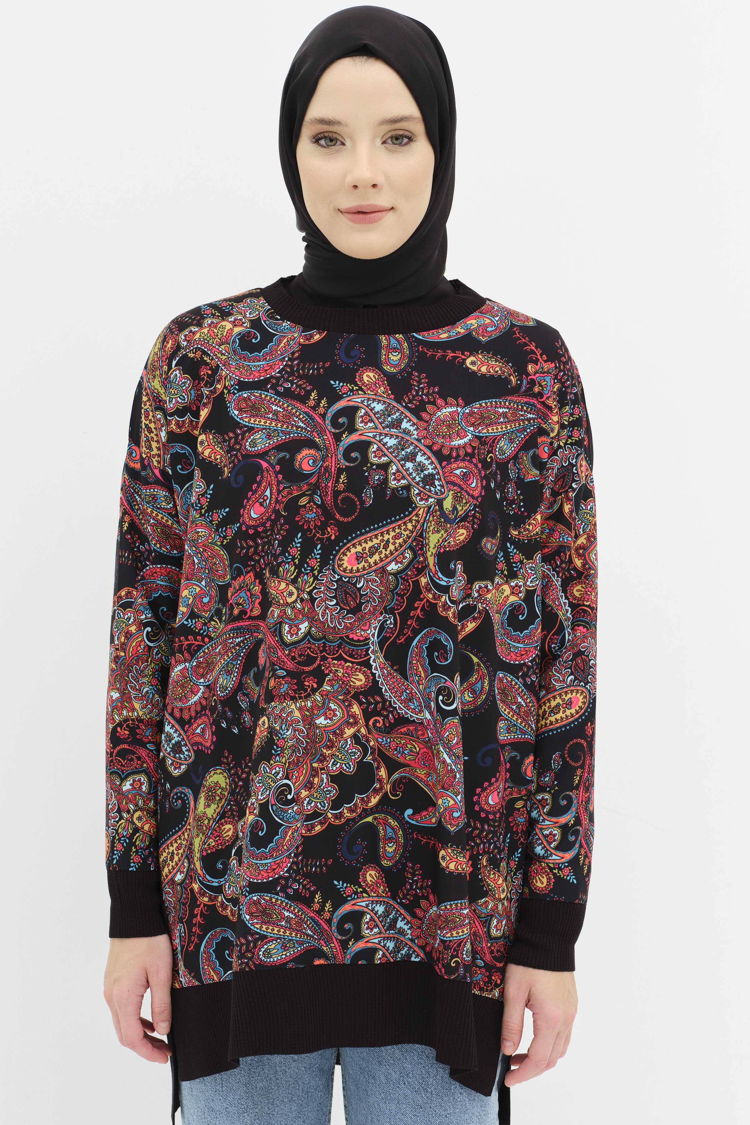 Şal Desenli Garnili Tunik - Siyah TUGBA