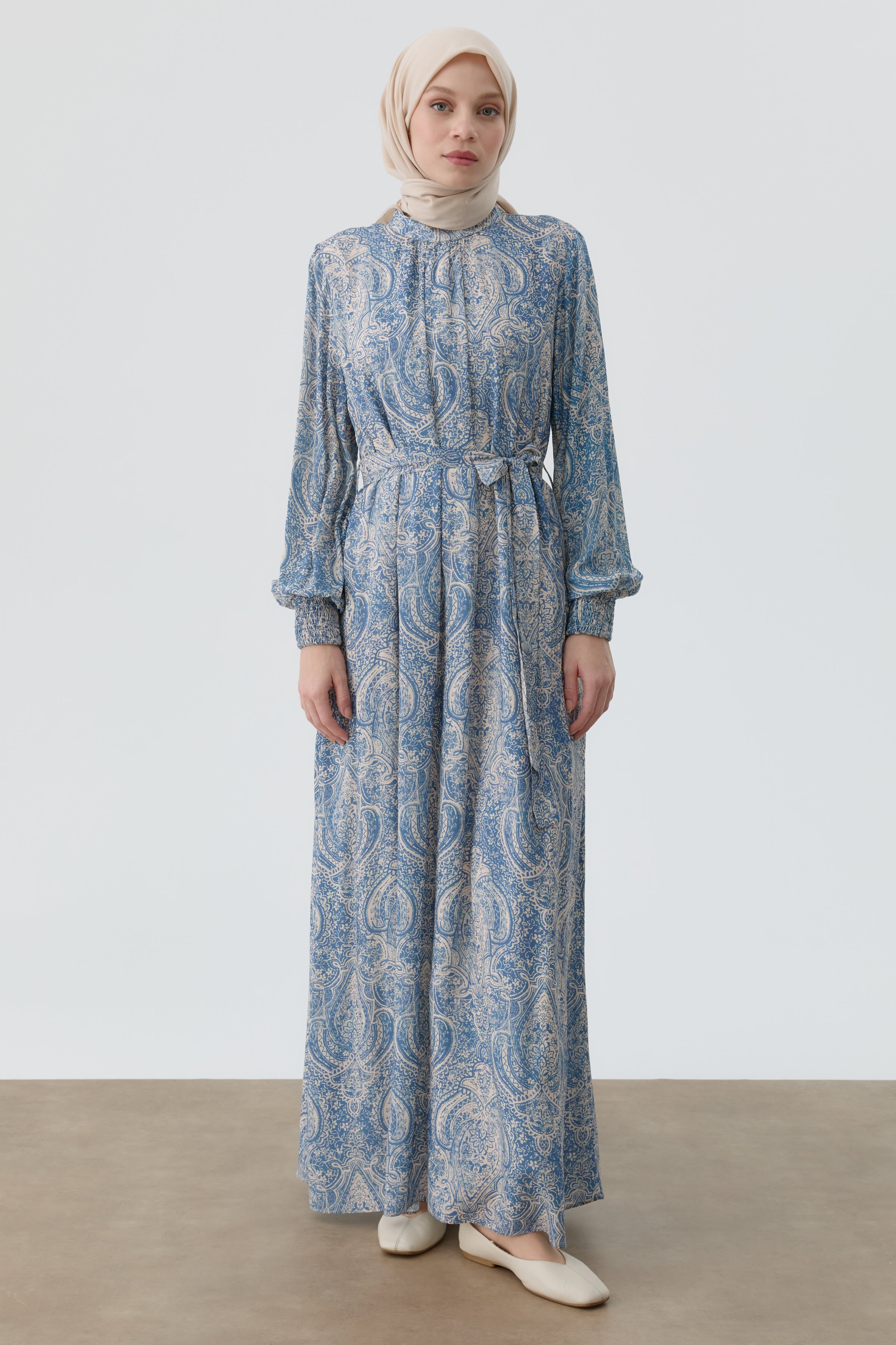 Şal Desenli Kuşaklı Elbise - İndigo TUGBA