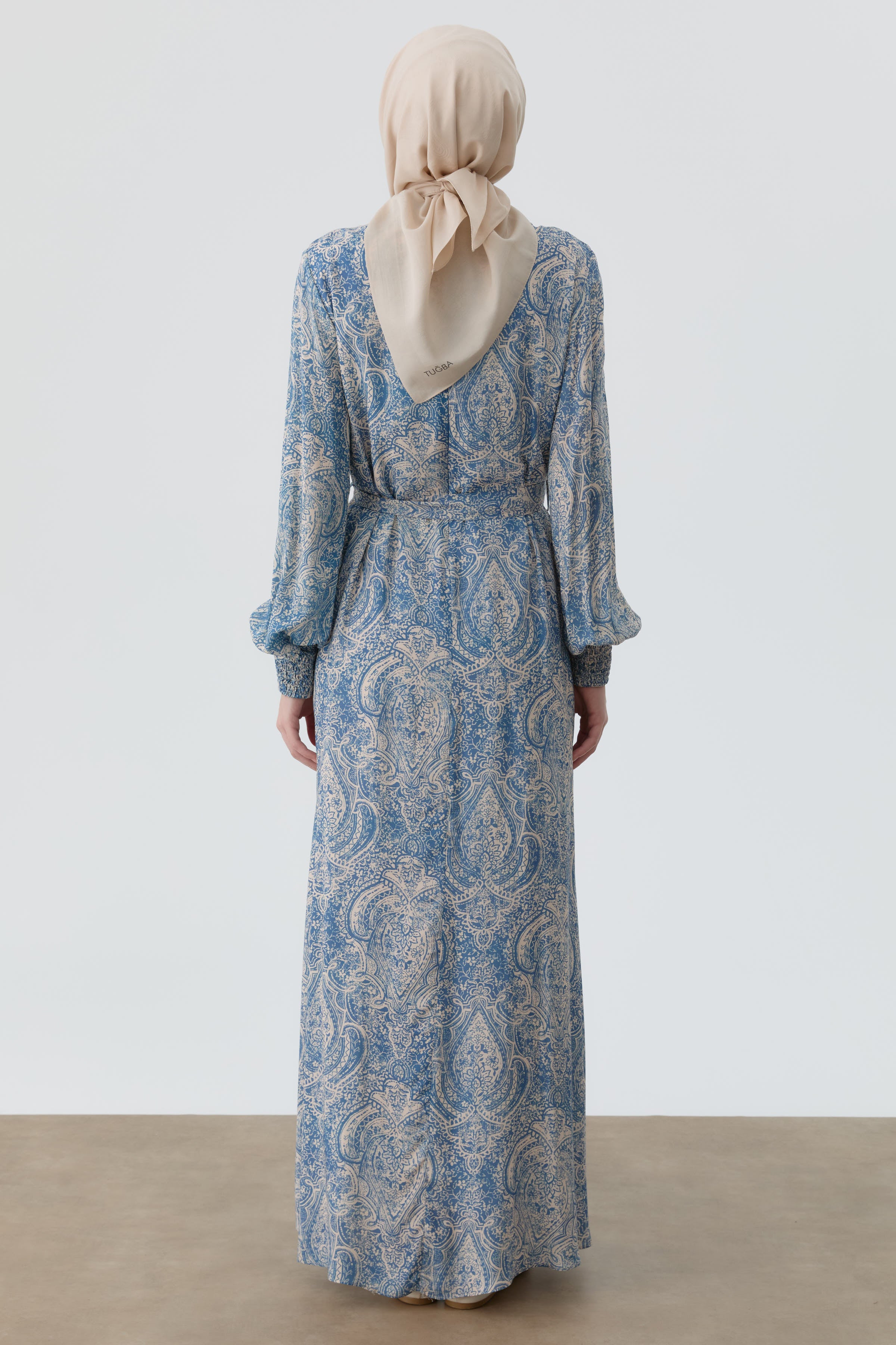 Şal Desenli Kuşaklı Elbise - İndigo TUGBA
