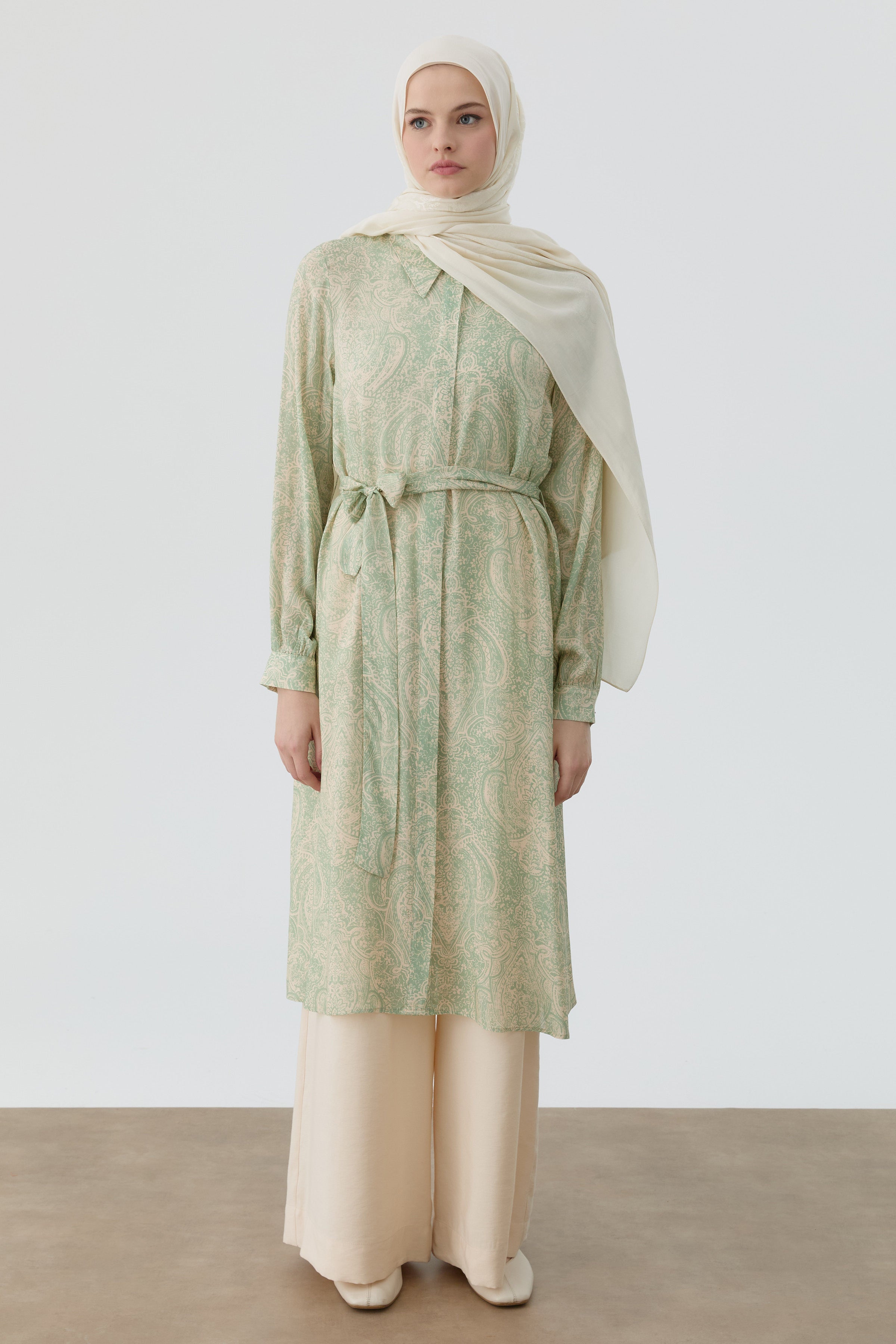 Şal Desenli Kuşaklı Tunik - Mint TUGBA