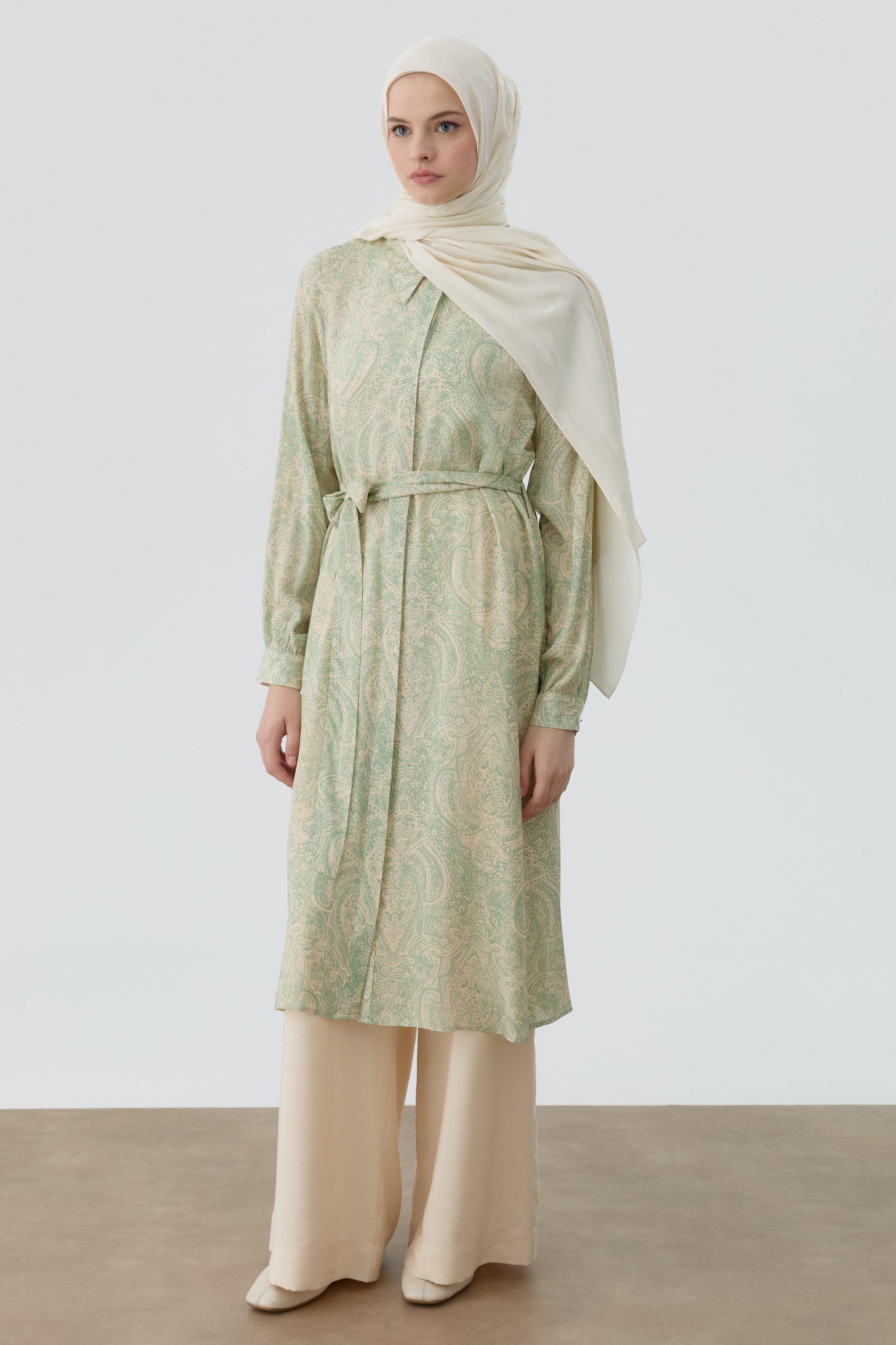 Şal Desenli Kuşaklı Tunik - Mint TUGBA