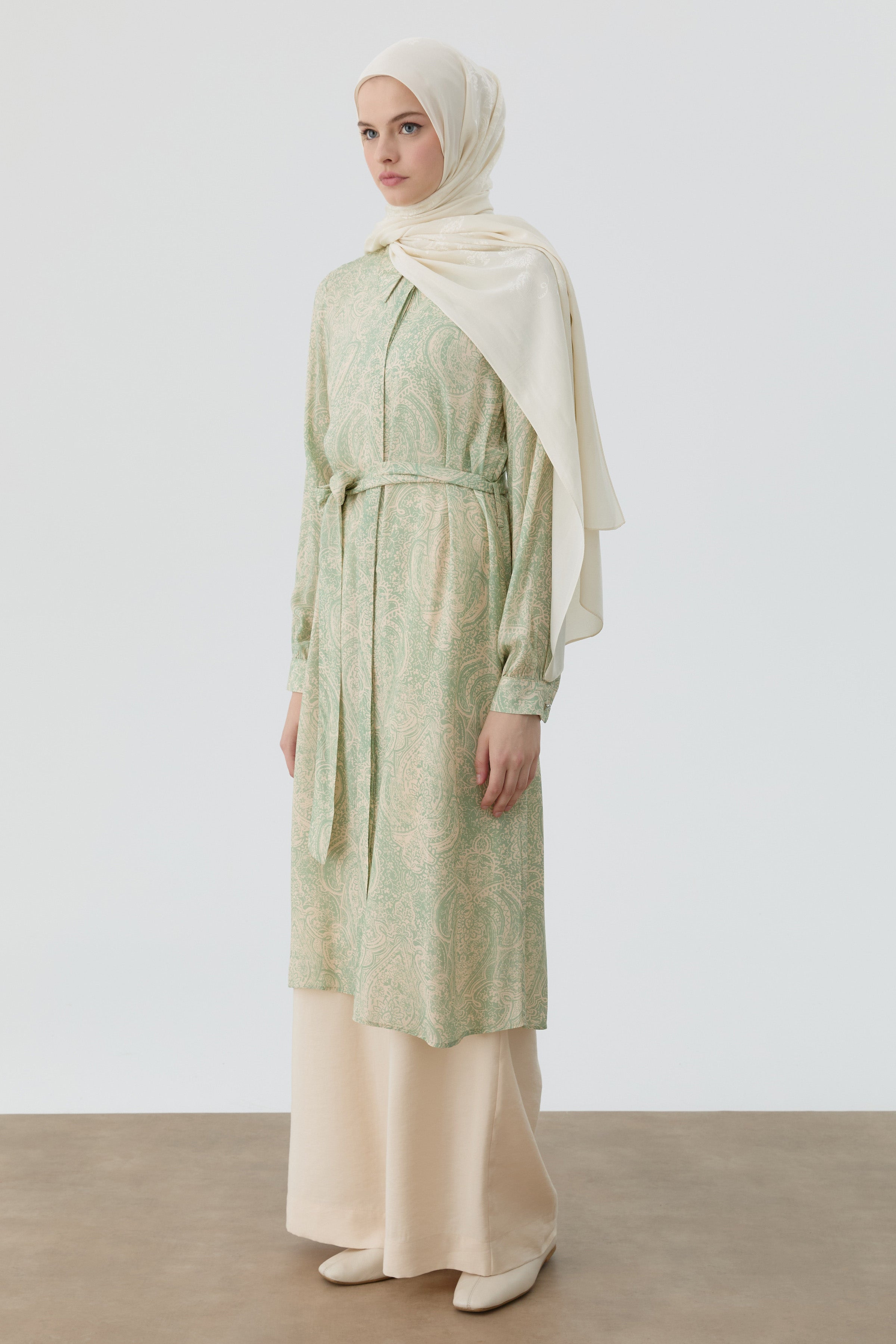 Şal Desenli Kuşaklı Tunik - Mint TUGBA