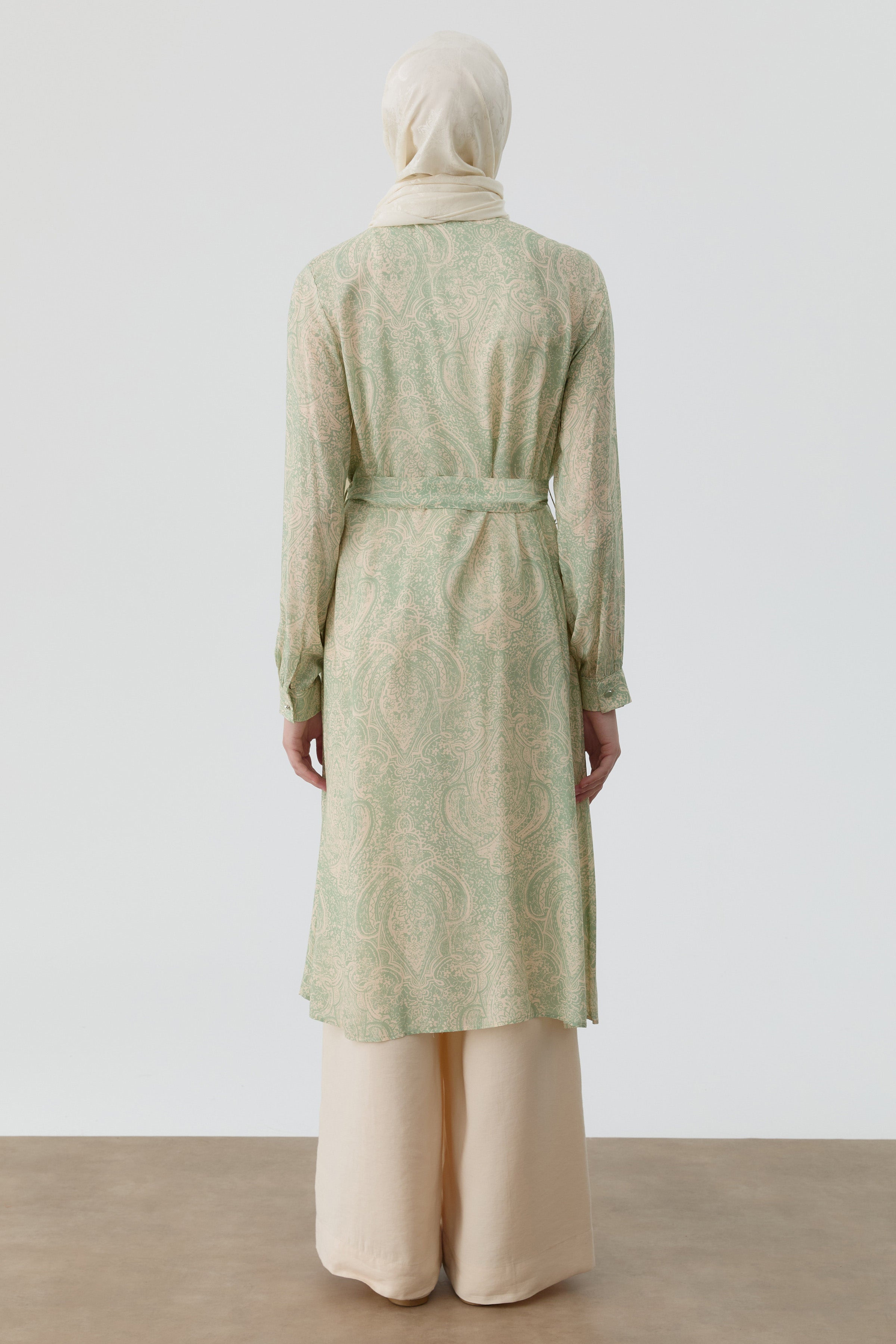 Şal Desenli Kuşaklı Tunik - Mint TUGBA