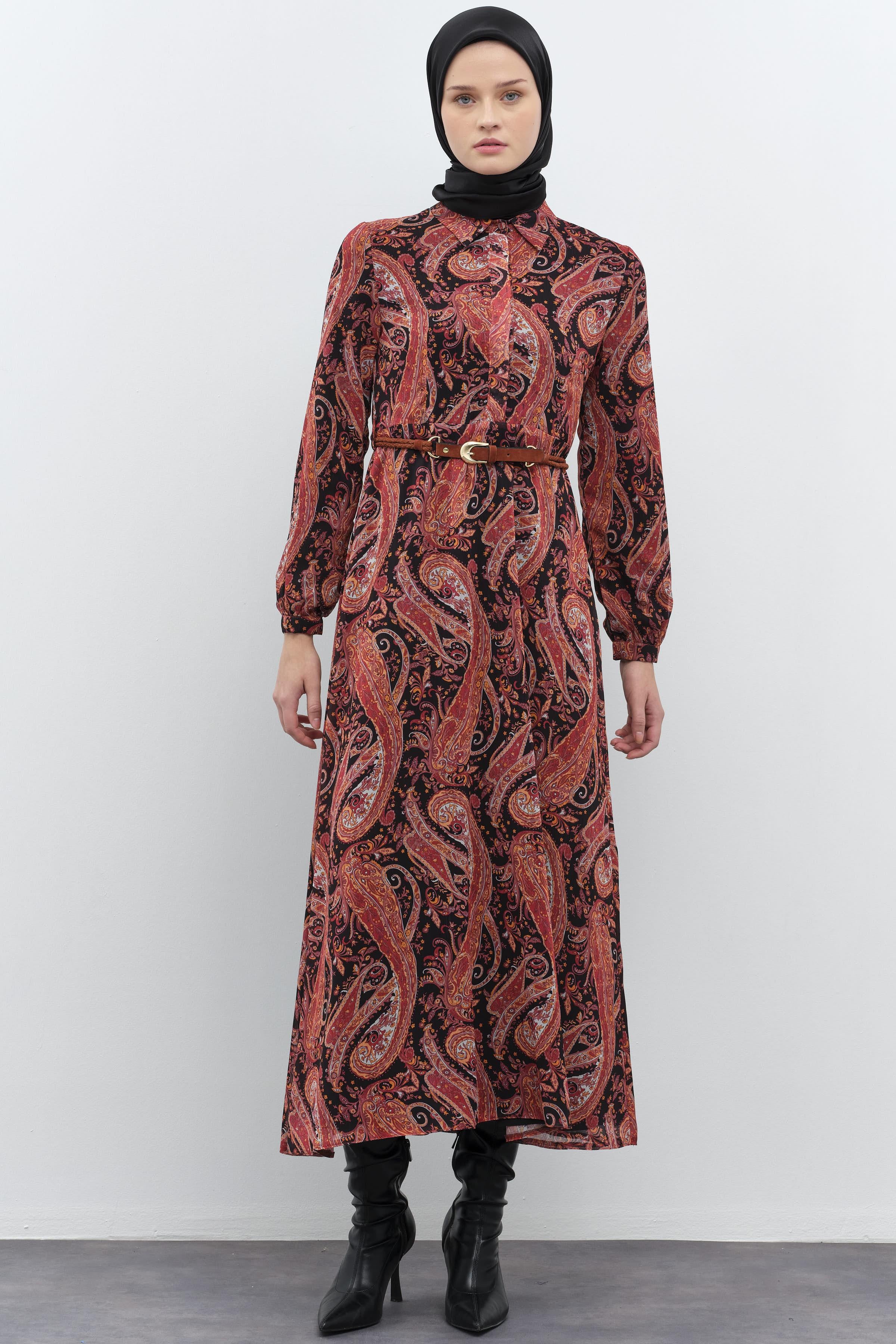 Şal Desenli Süet Kemerli Elbise - Kiremit TUGBA