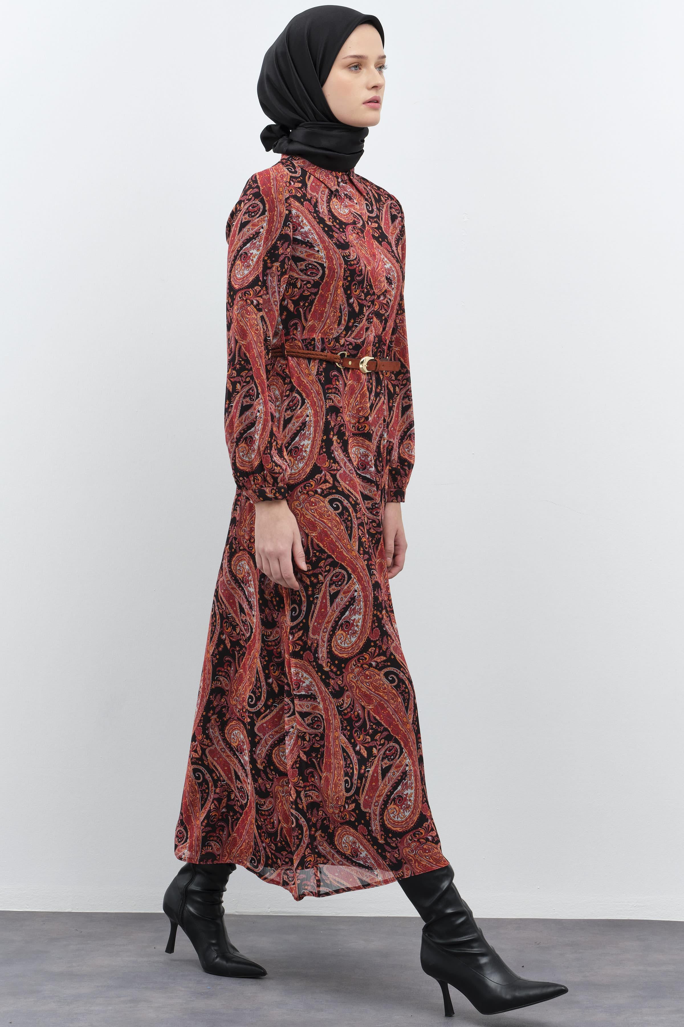 Şal Desenli Süet Kemerli Elbise - Kiremit TUGBA