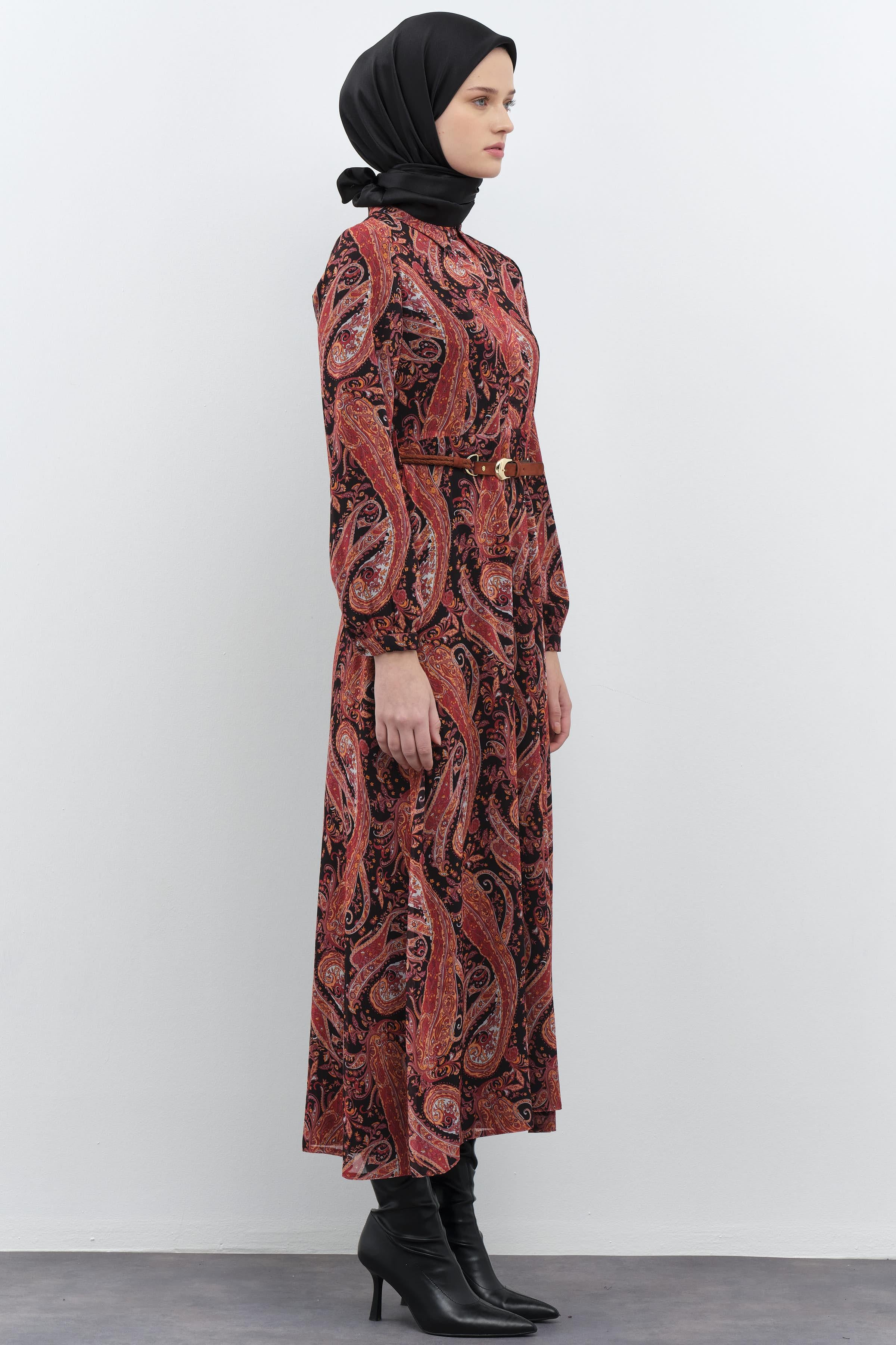 Şal Desenli Süet Kemerli Elbise - Kiremit TUGBA