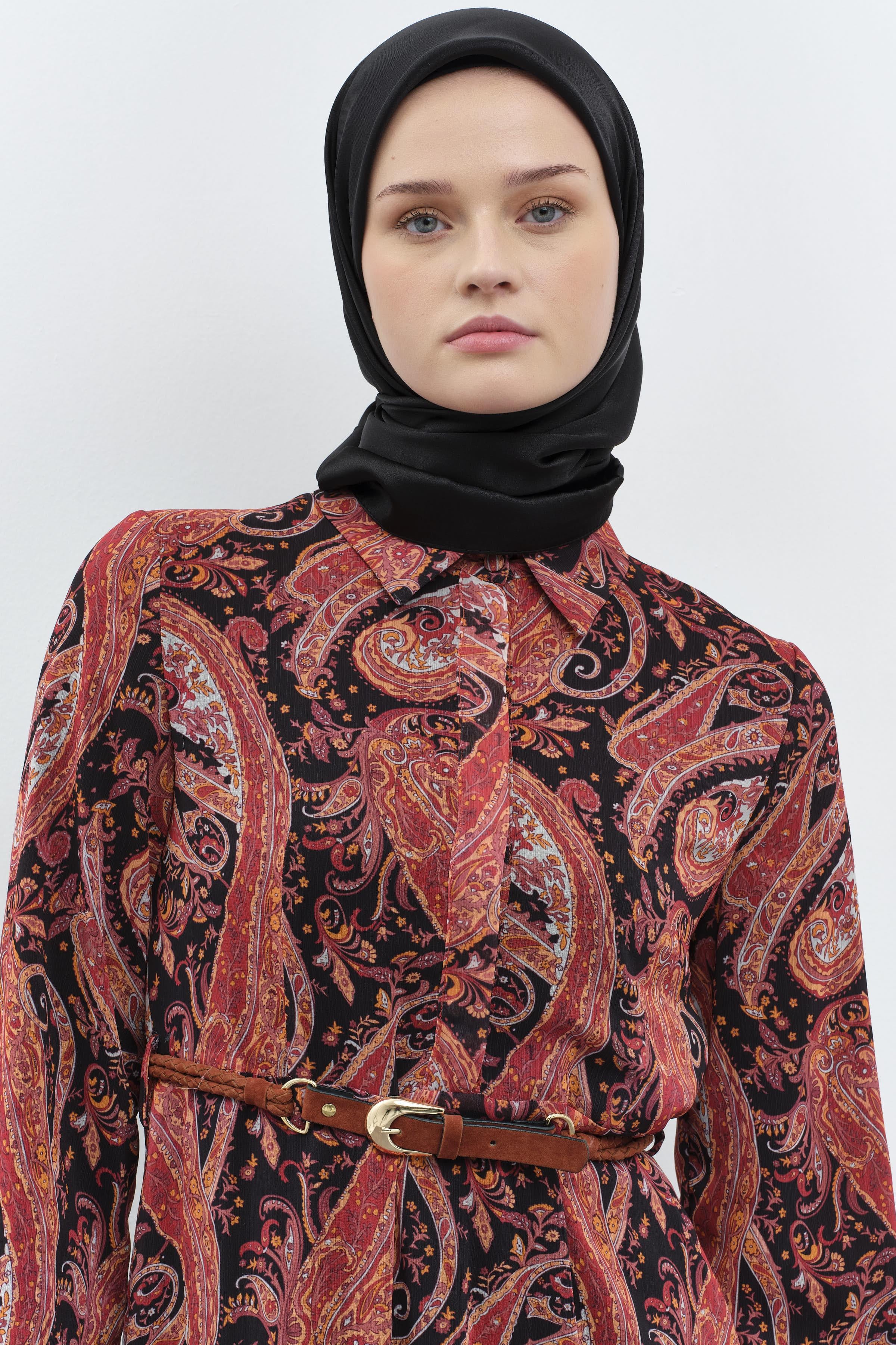 Şal Desenli Süet Kemerli Elbise - Kiremit TUGBA