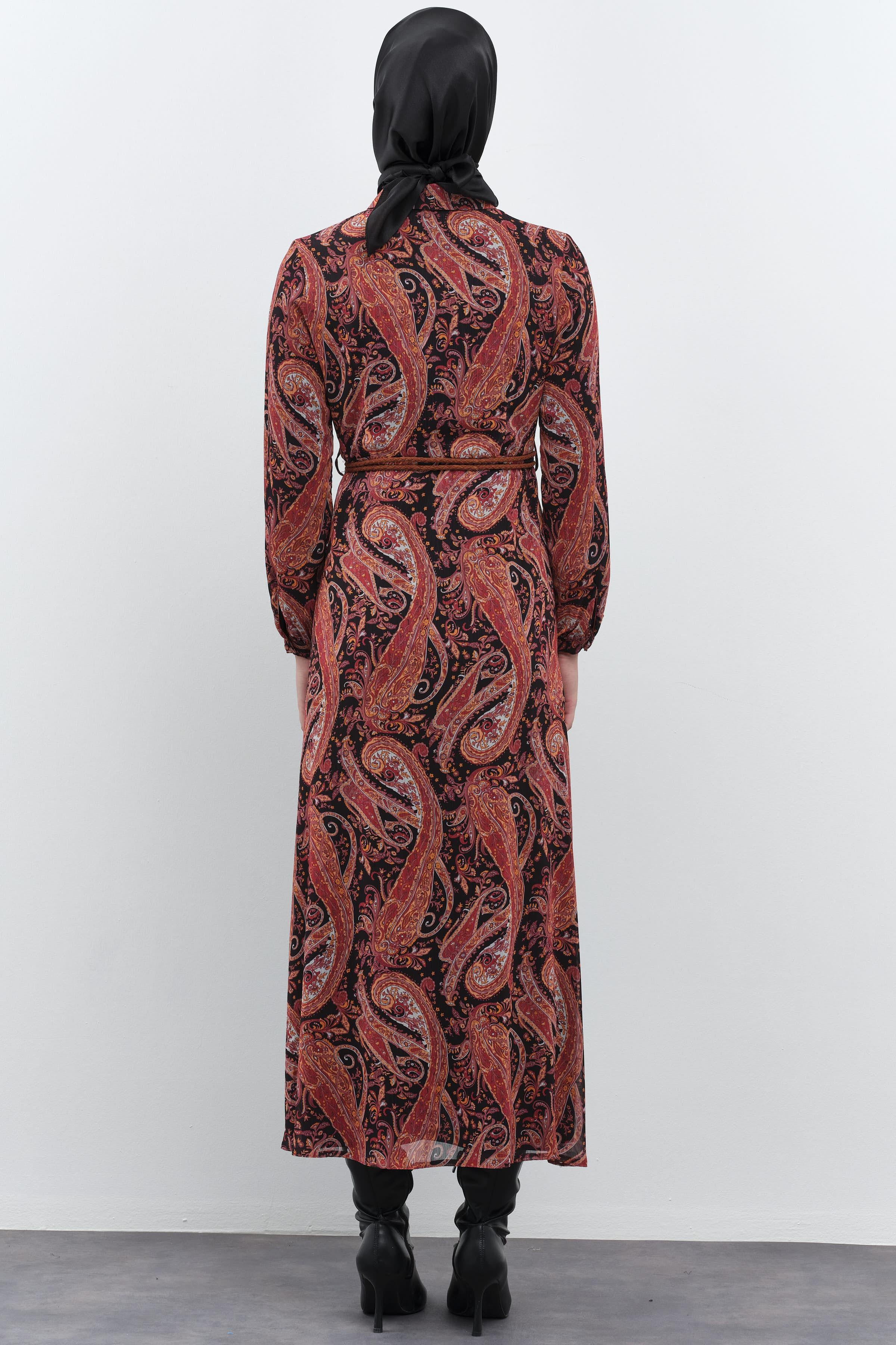 Şal Desenli Süet Kemerli Elbise - Kiremit TUGBA