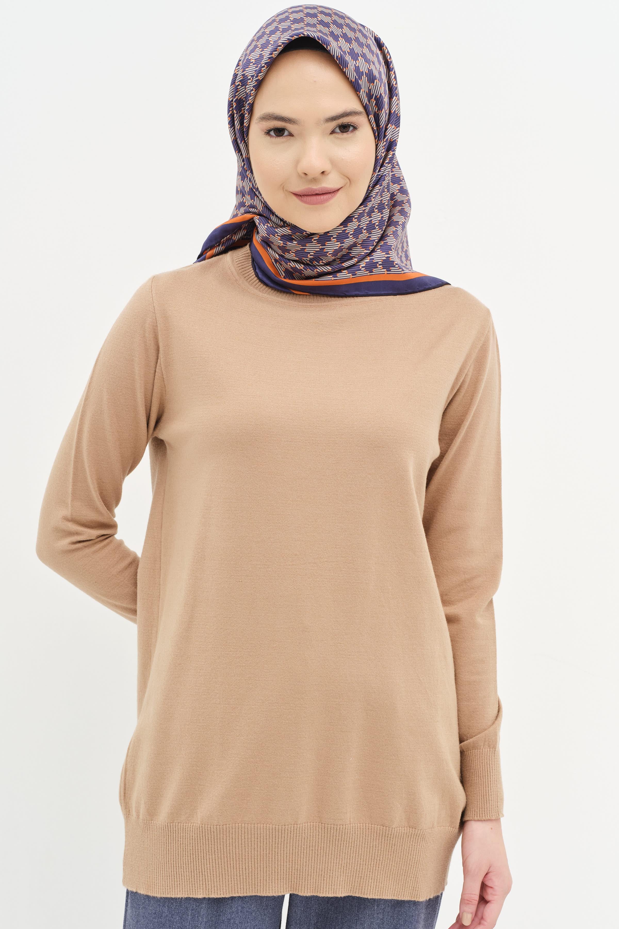 Sıfır Yaka Basic Triko Kazak - Camel TUGBA