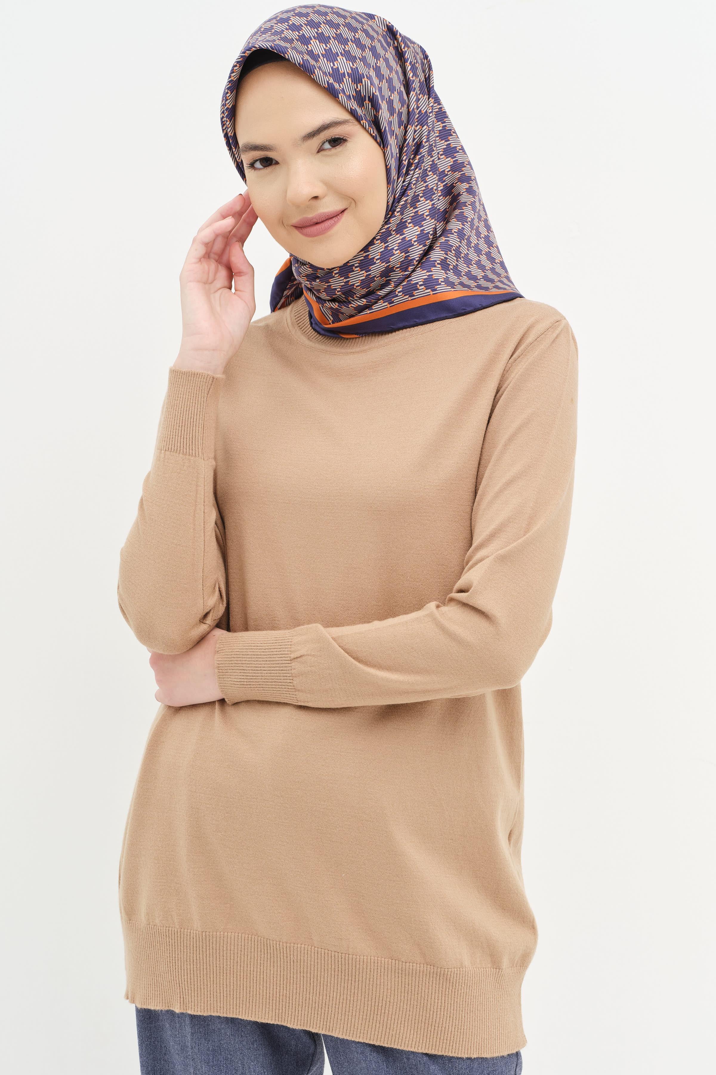 Sıfır Yaka Basic Triko Kazak - Camel TUGBA