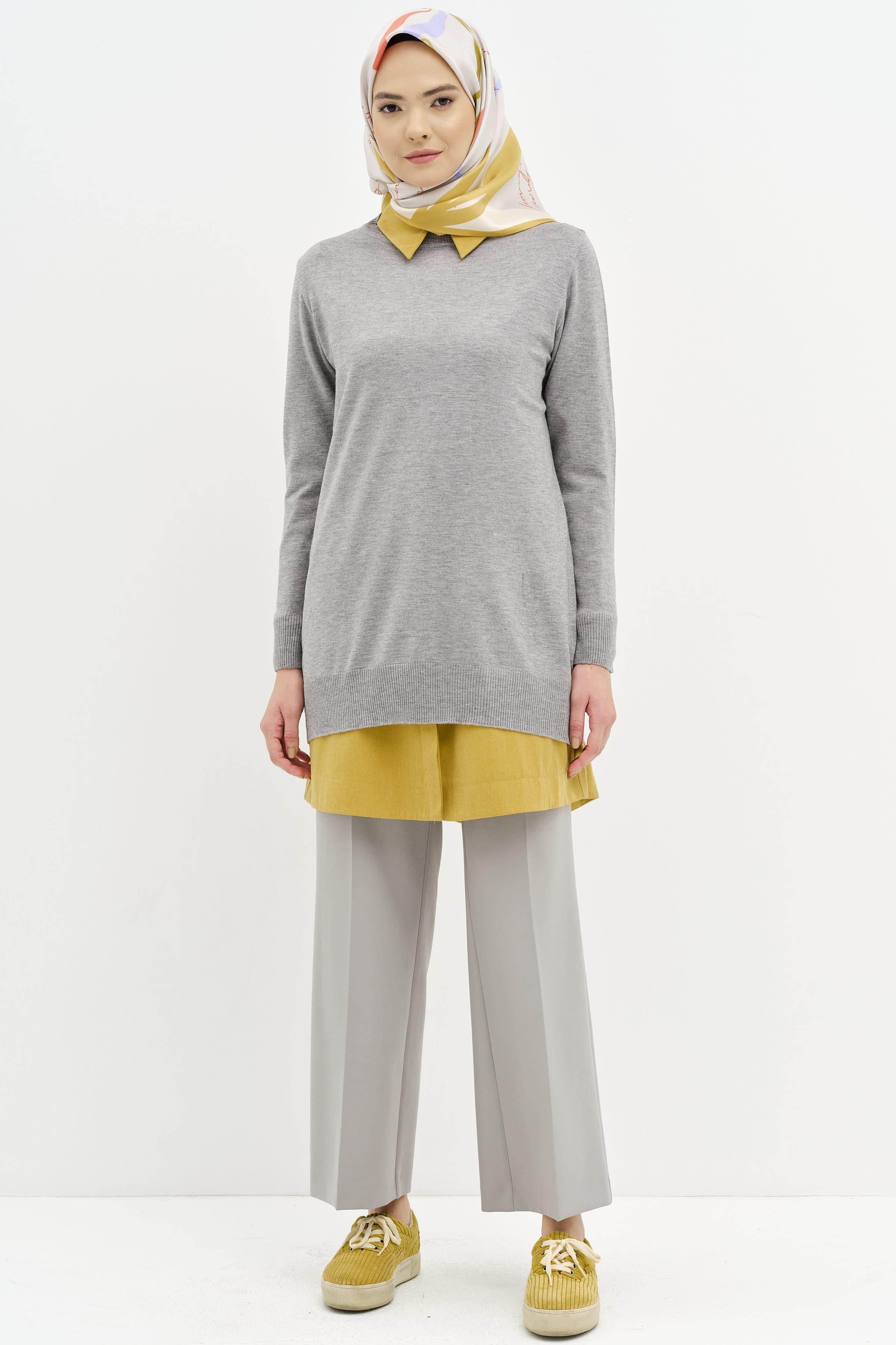 Sıfır Yaka Basic Triko Kazak - Gri TUGBA