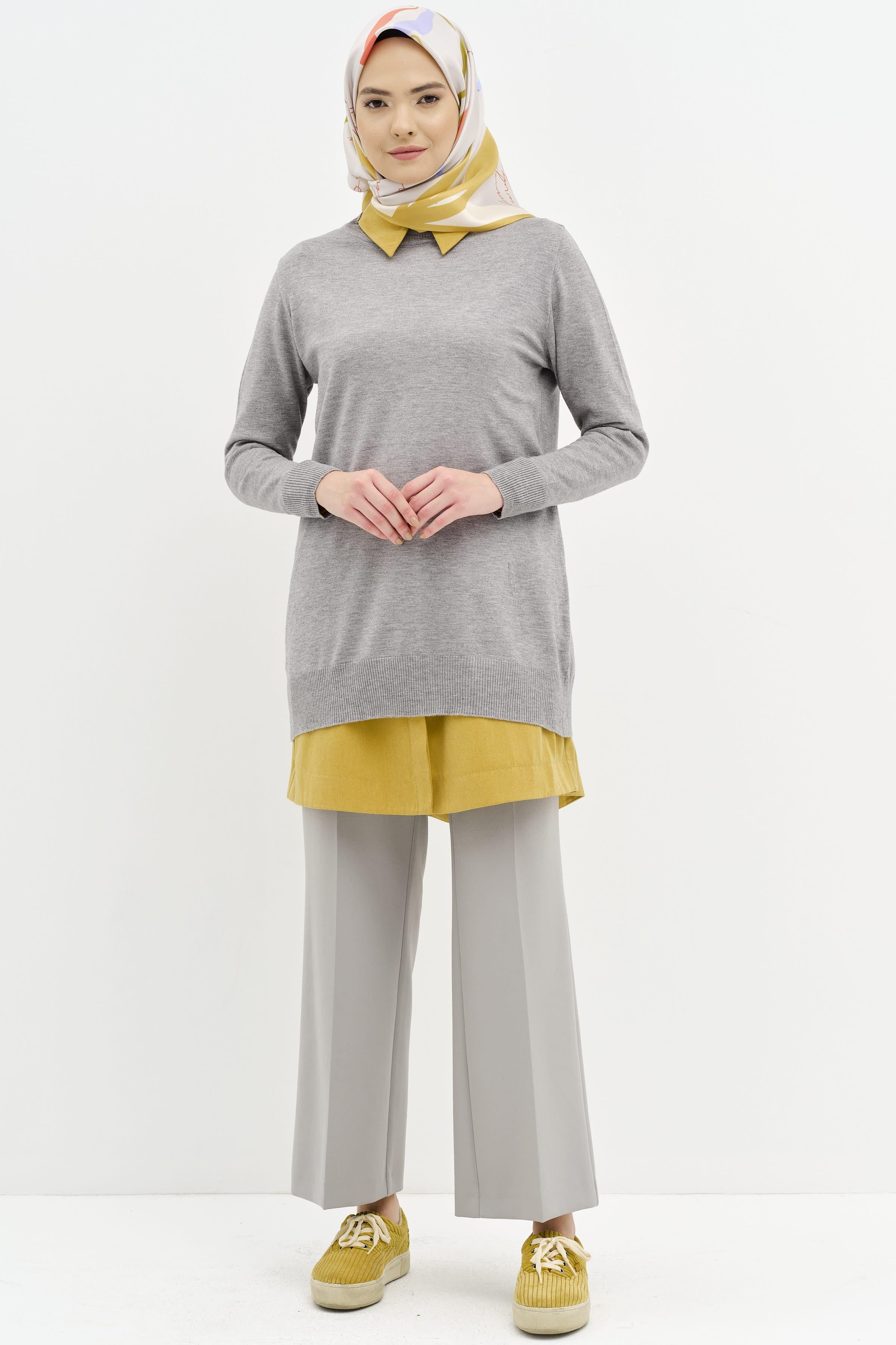 Sıfır Yaka Basic Triko Kazak - Gri TUGBA