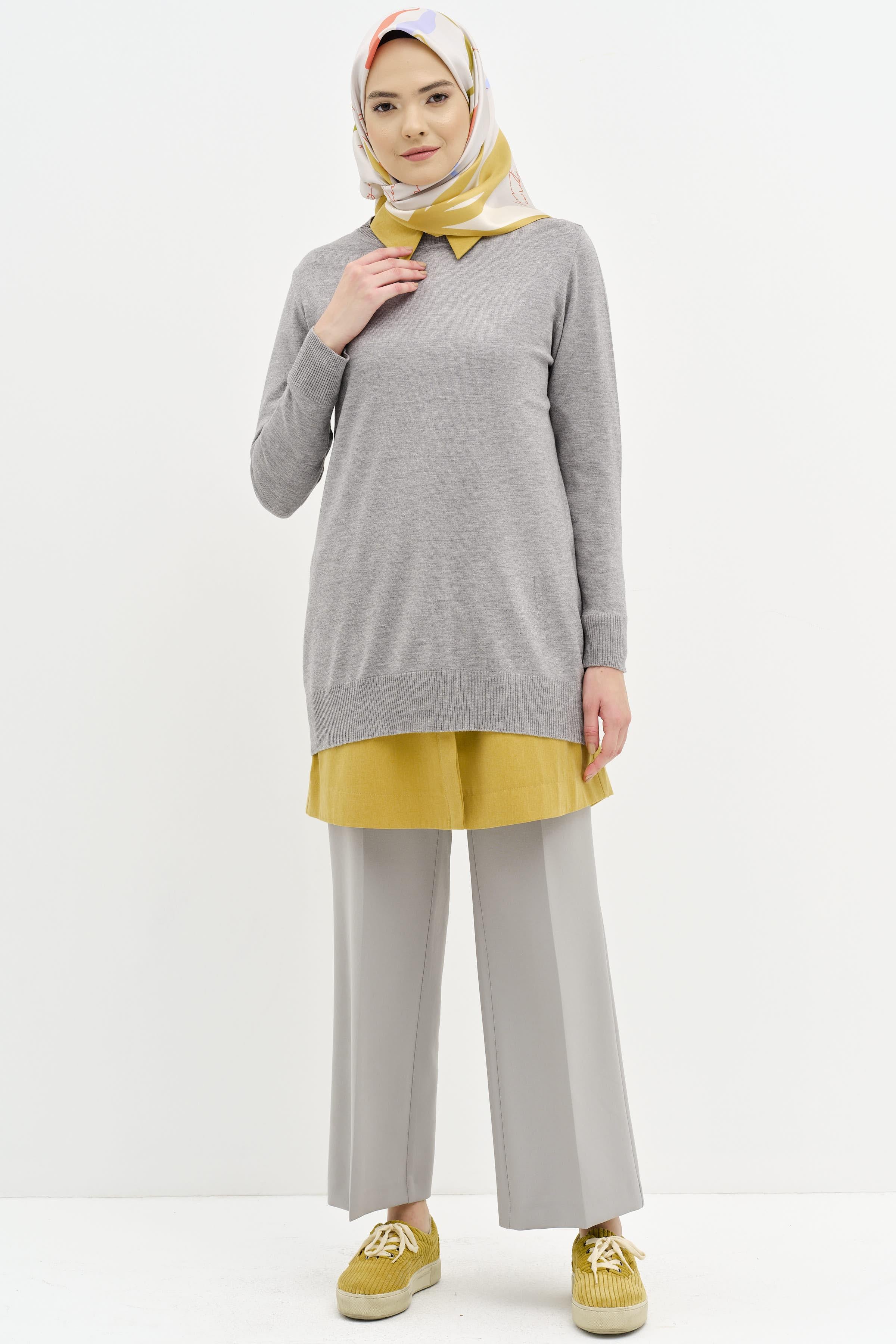 Sıfır Yaka Basic Triko Kazak - Gri TUGBA