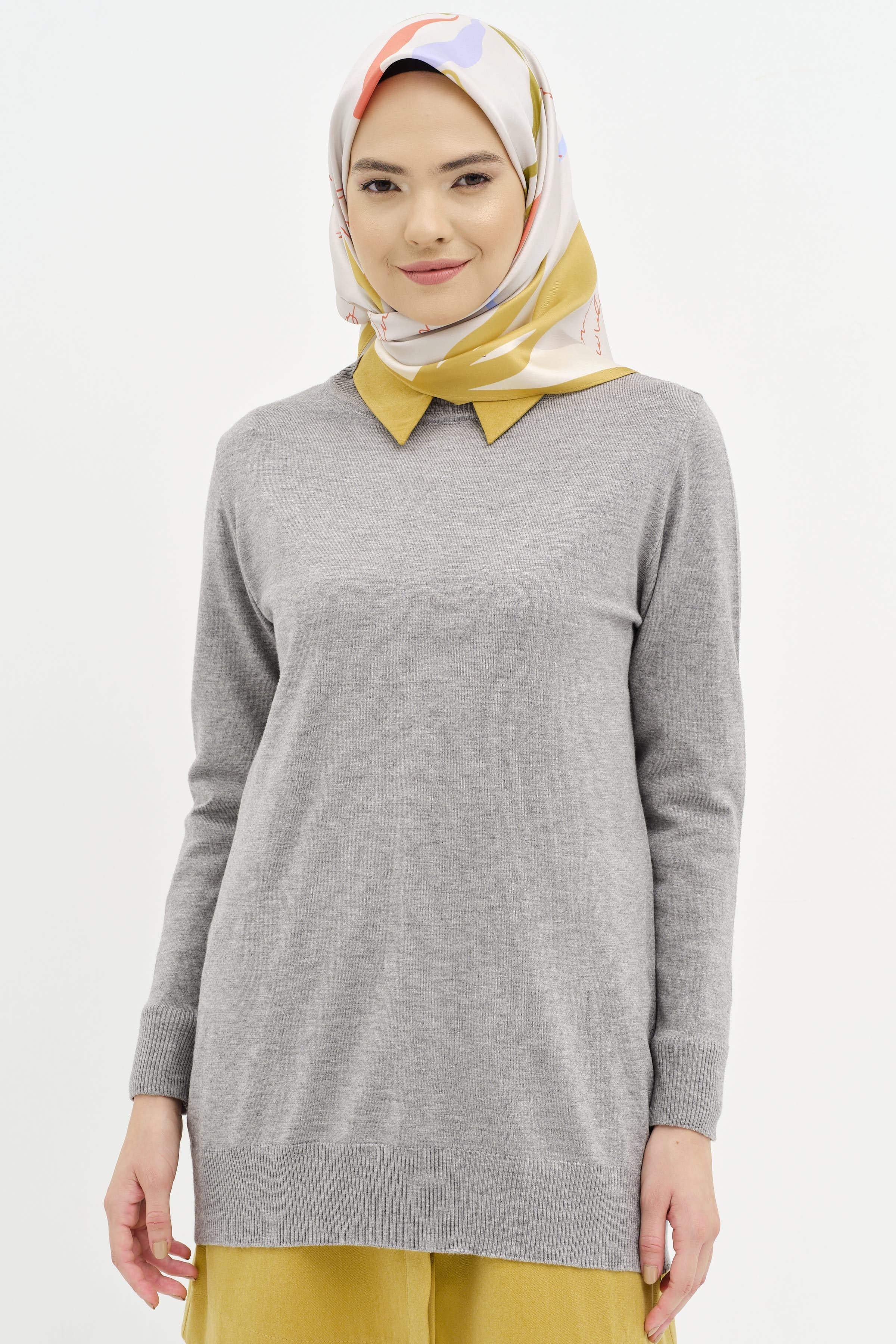 Sıfır Yaka Basic Triko Kazak - Gri TUGBA