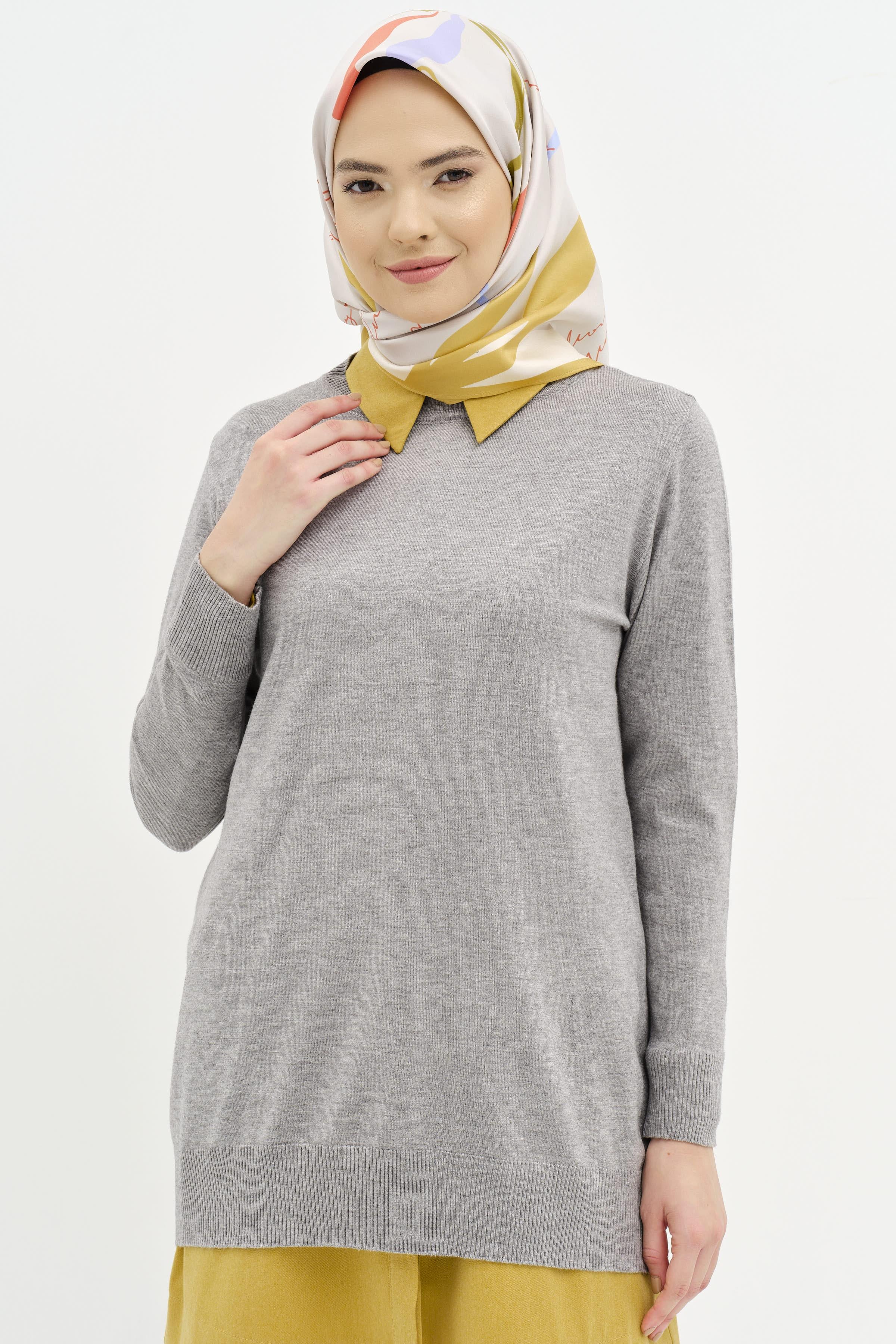 Sıfır Yaka Basic Triko Kazak - Gri TUGBA