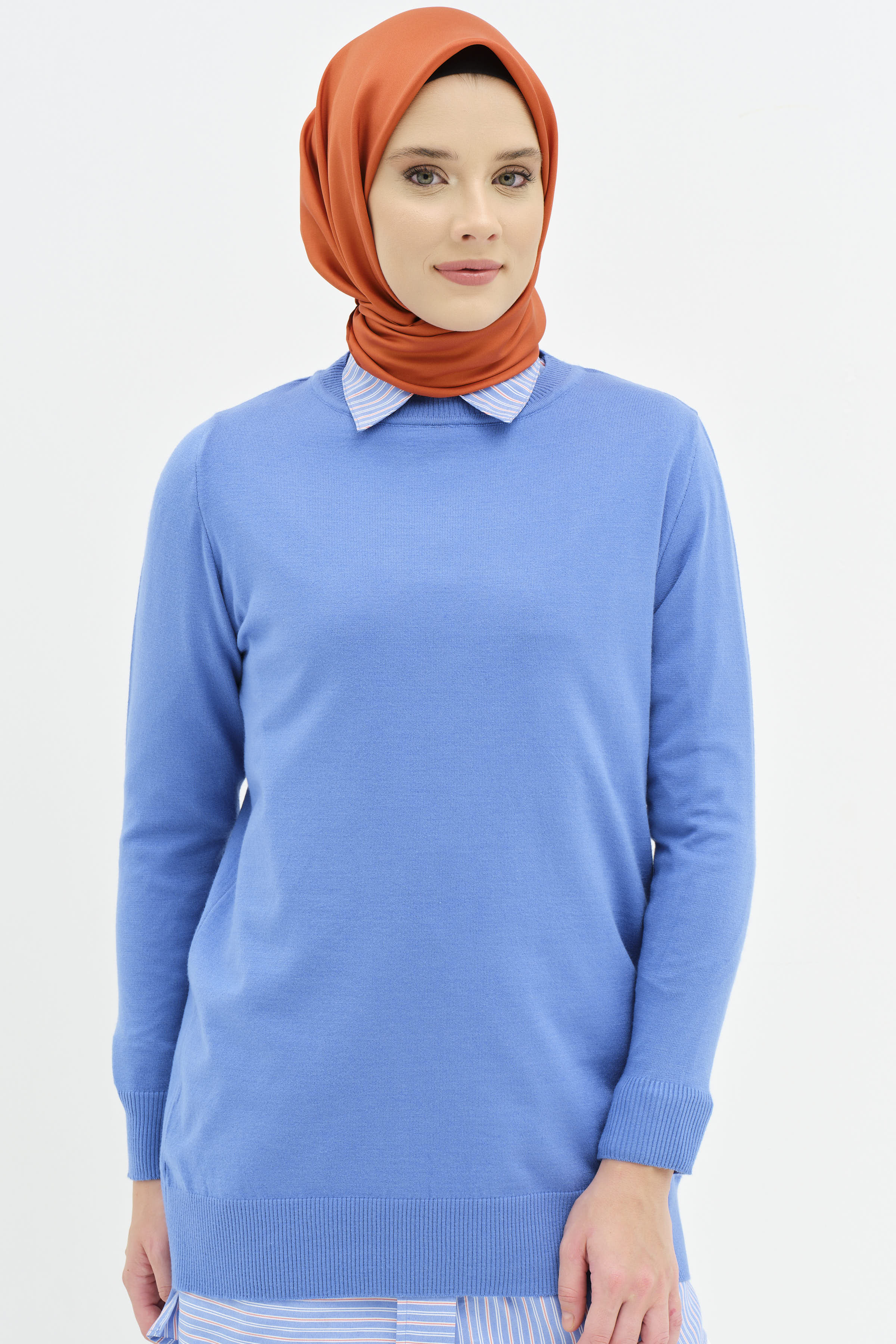 Sıfır Yaka Basic Triko Kazak - Mavi TUGBA