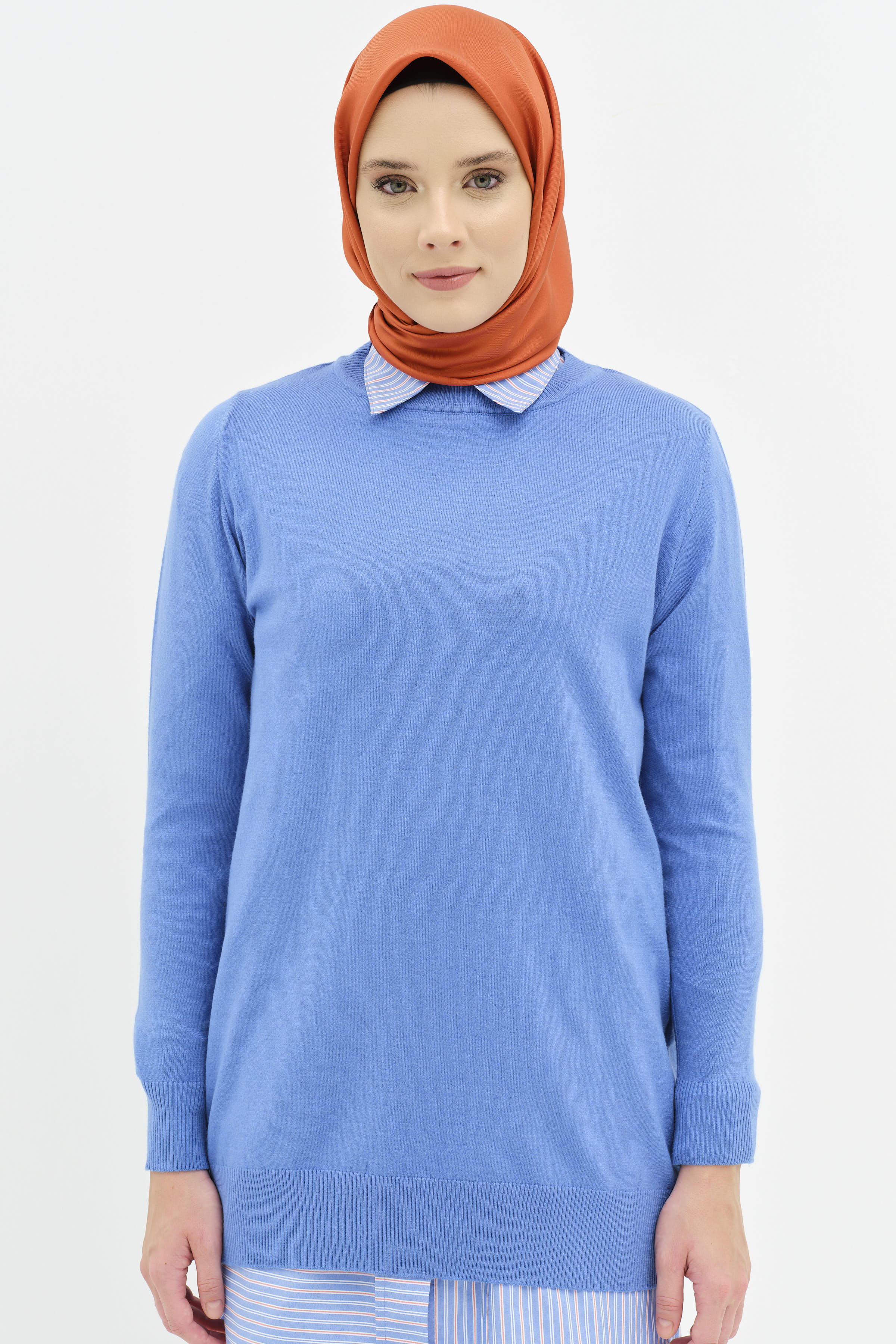 Sıfır Yaka Basic Triko Kazak - Mavi TUGBA