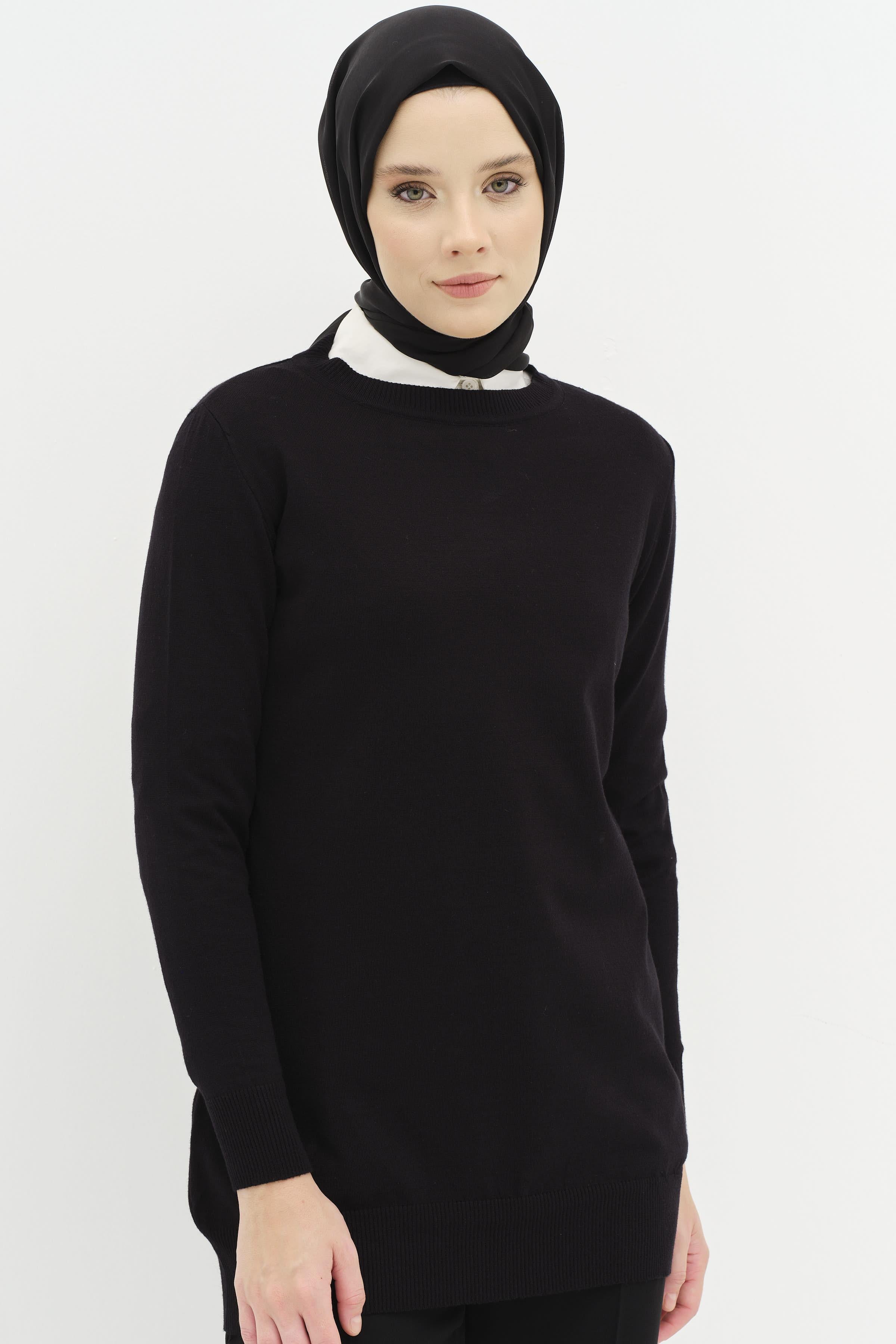 Sıfır Yaka Basic Triko Kazak - Siyah TUGBA