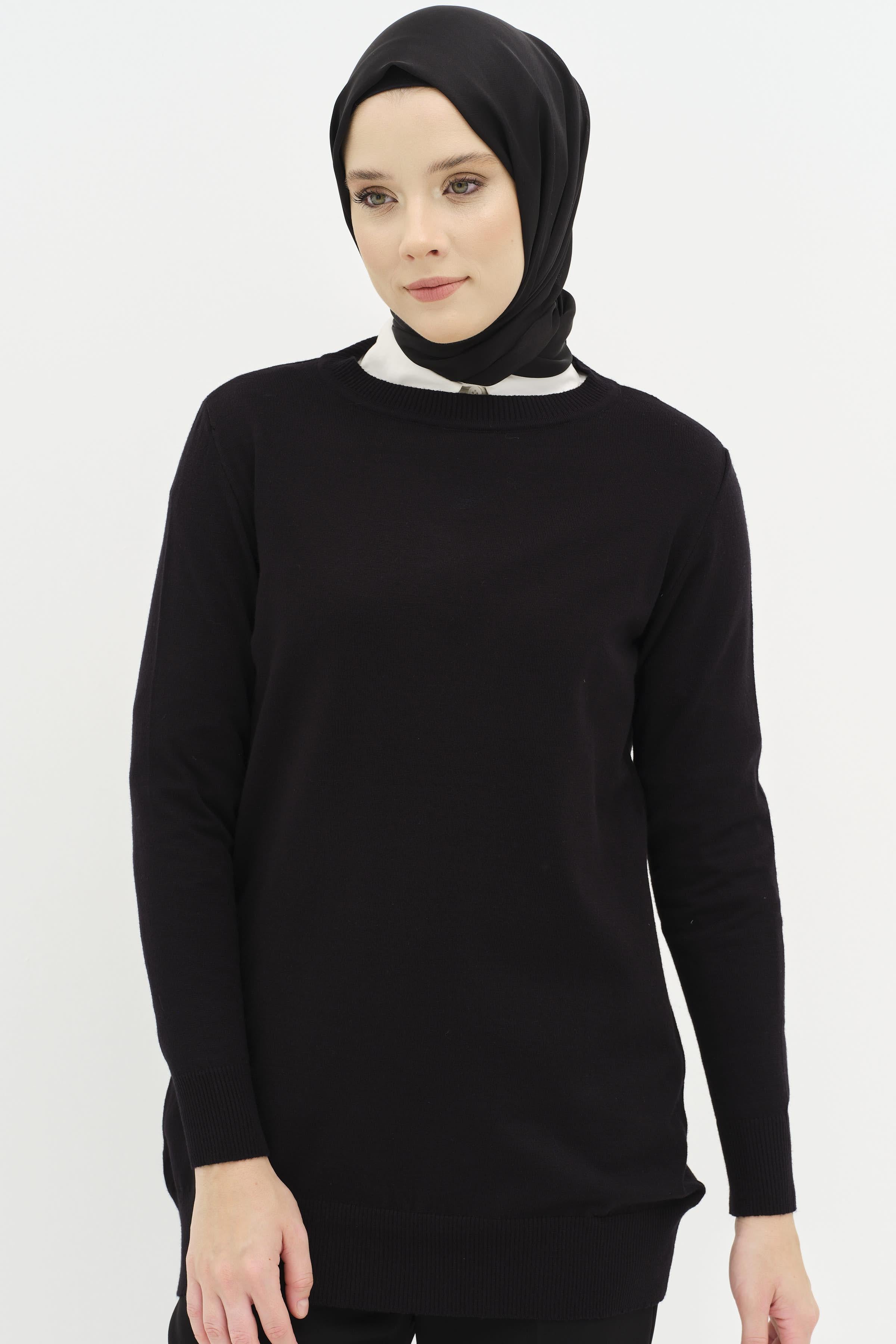 Sıfır Yaka Basic Triko Kazak - Siyah TUGBA