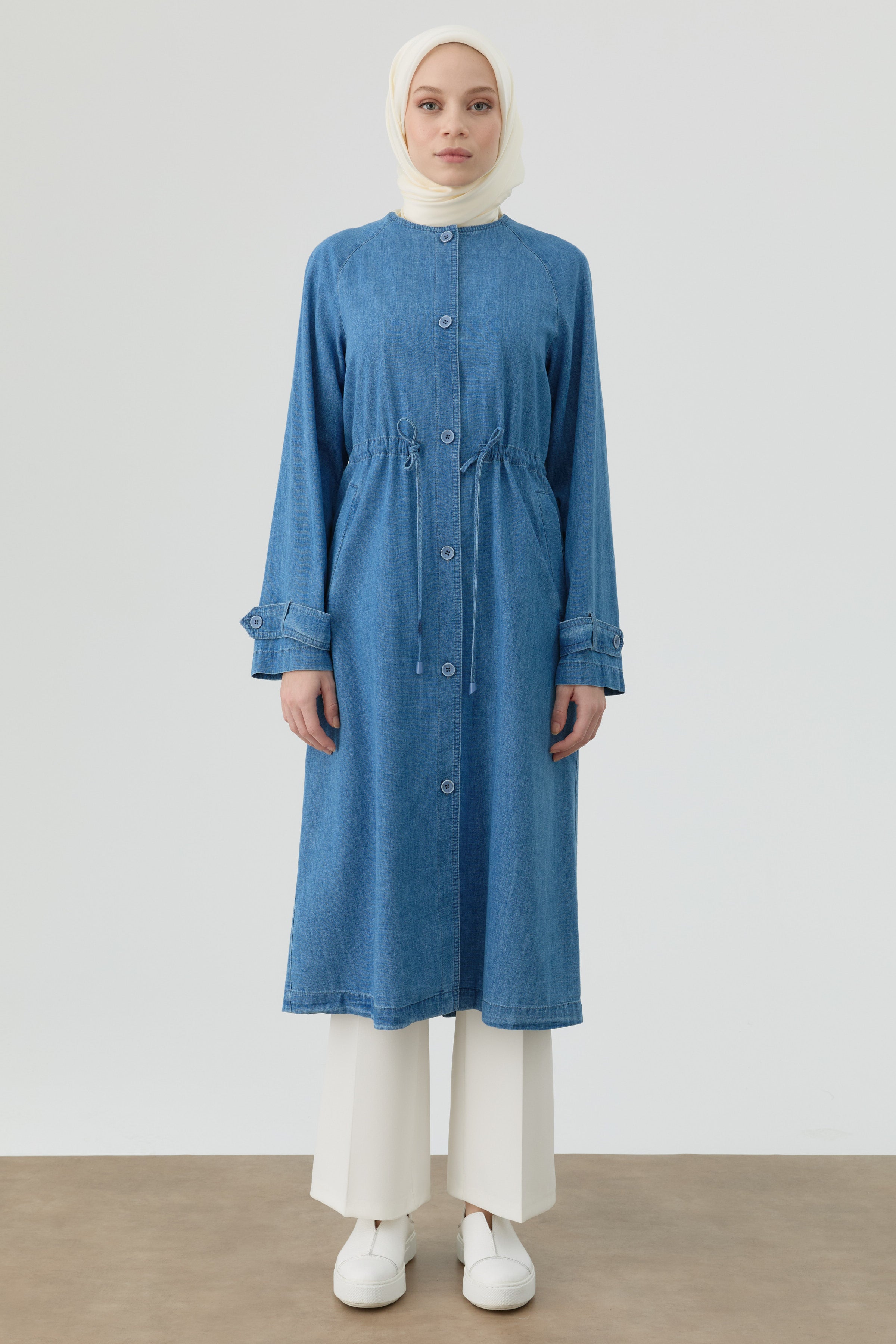 Sıfır Yaka Bel Bağcıklı Denim Kap - Açık Mavi – TUĞBA