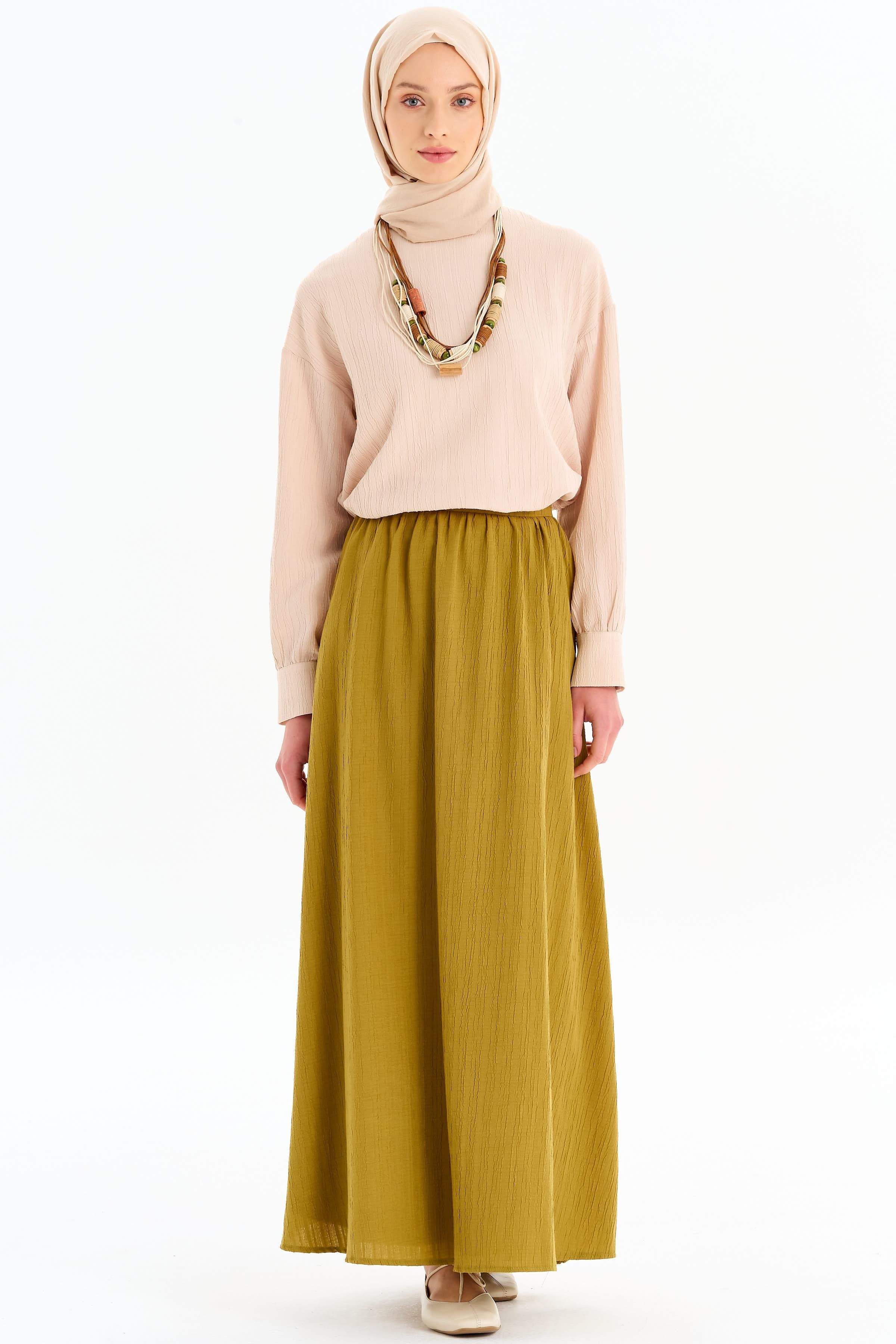 Sıfır Yaka Bluz Büzgülü Etek Takım - Bej- Olive TUGBA