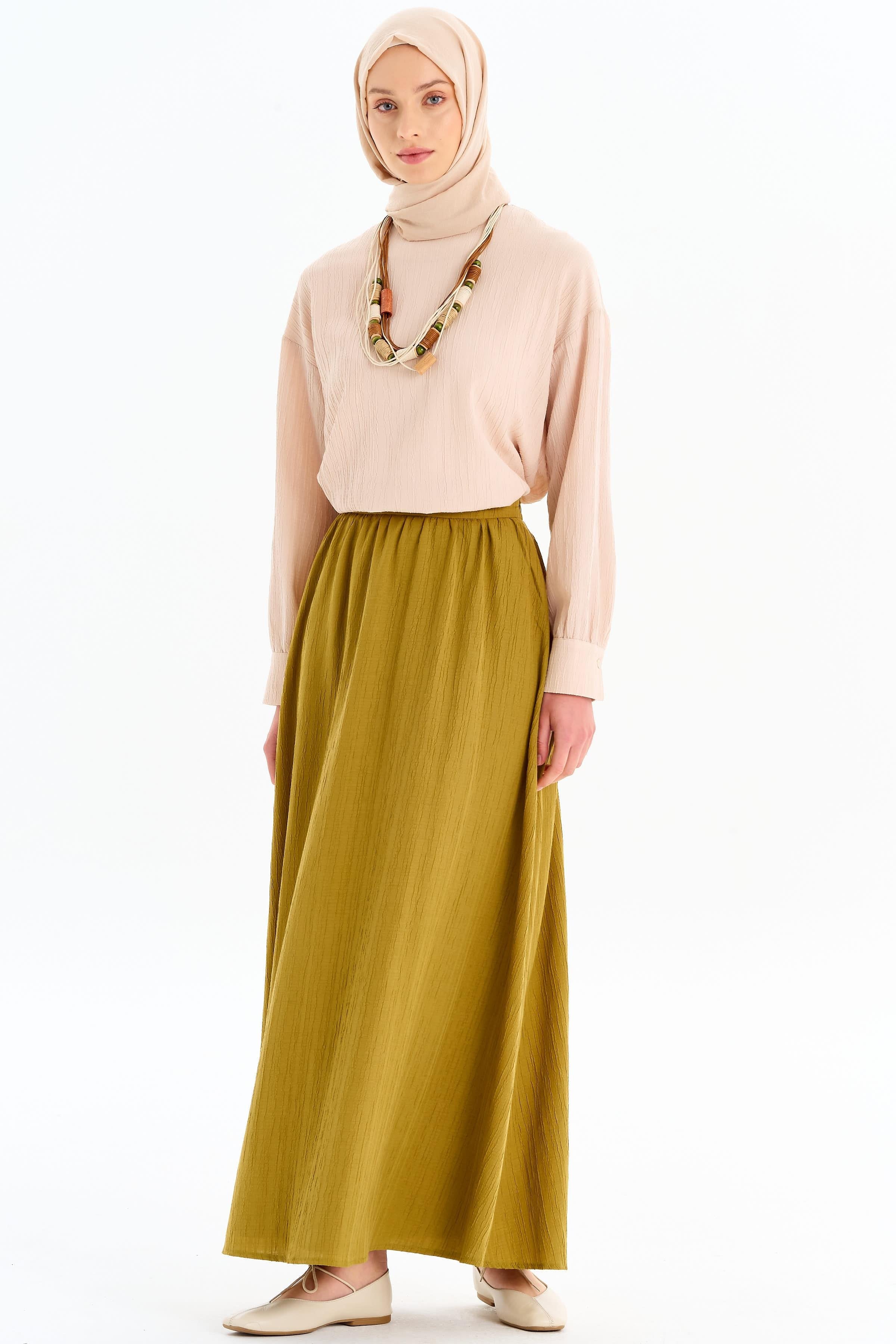 Sıfır Yaka Bluz Büzgülü Etek Takım - Bej- Olive TUGBA