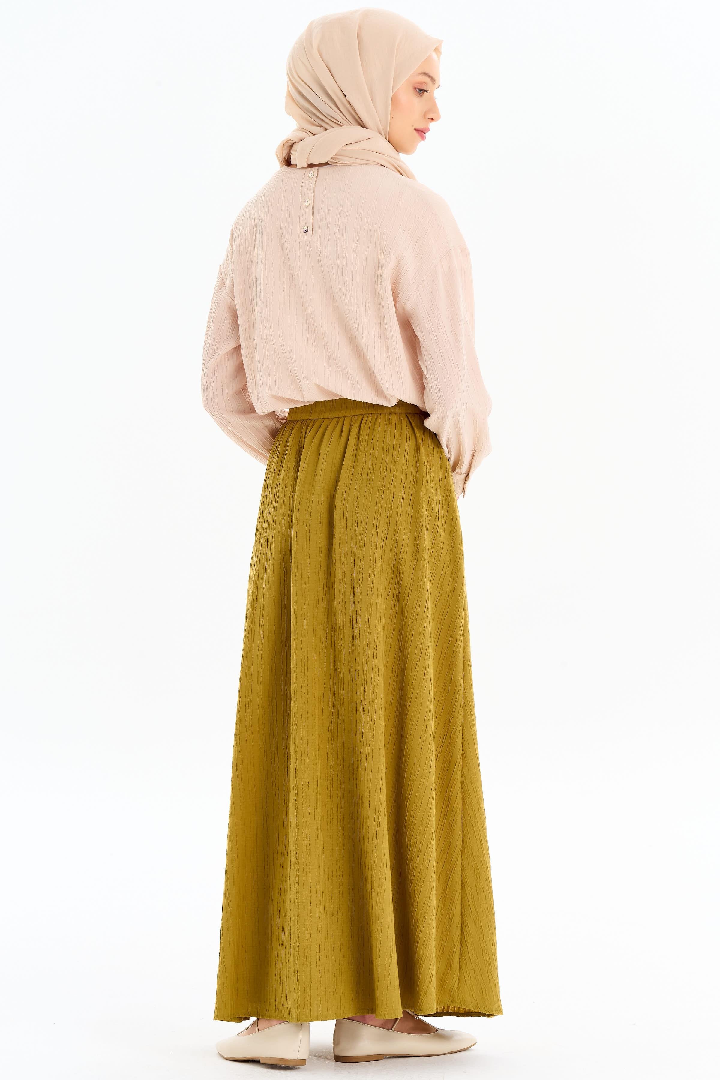 Sıfır Yaka Bluz Büzgülü Etek Takım - Bej- Olive TUGBA