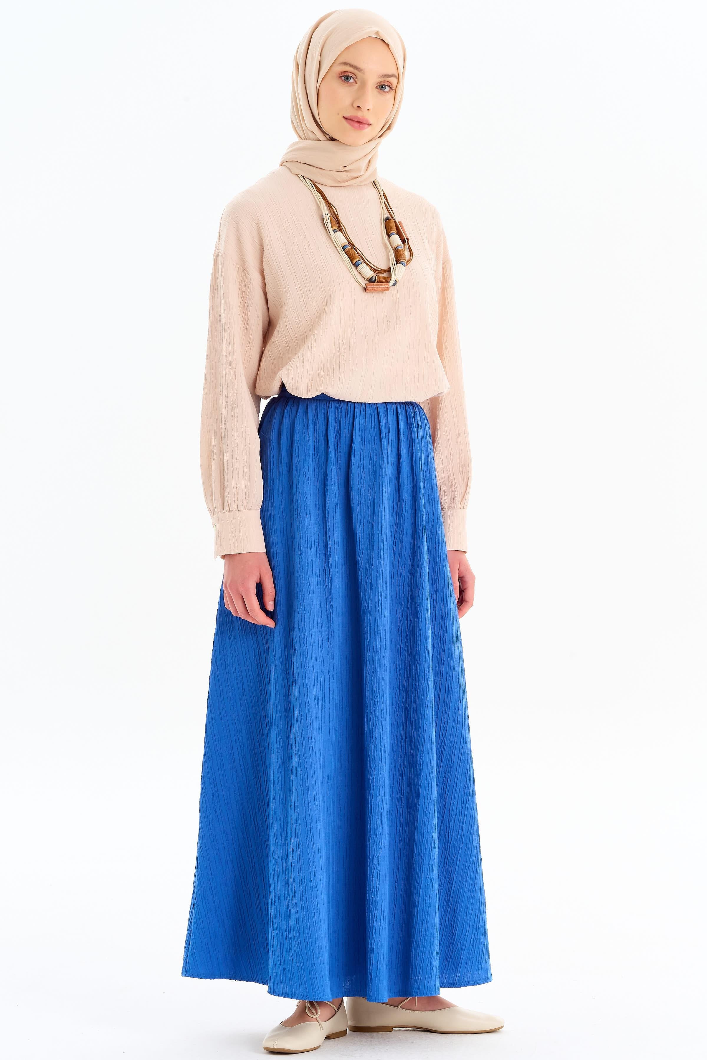 Sıfır Yaka Bluz Büzgülü Etek Takım - Bej- Saks TUGBA