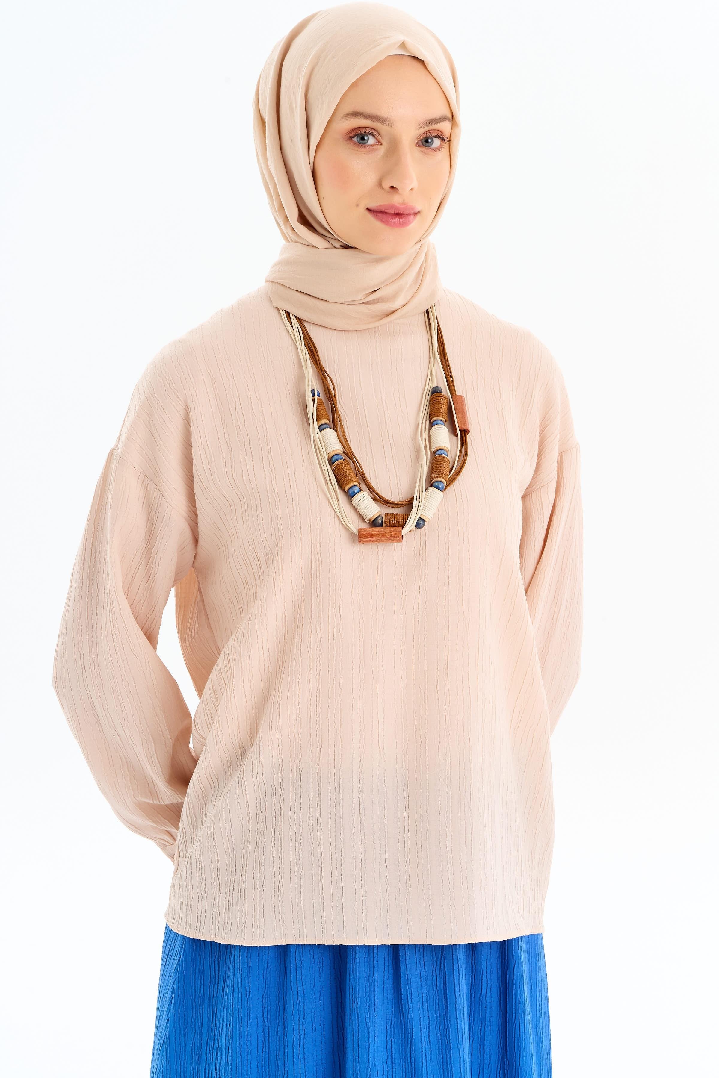 Sıfır Yaka Bluz Büzgülü Etek Takım - Bej- Saks TUGBA