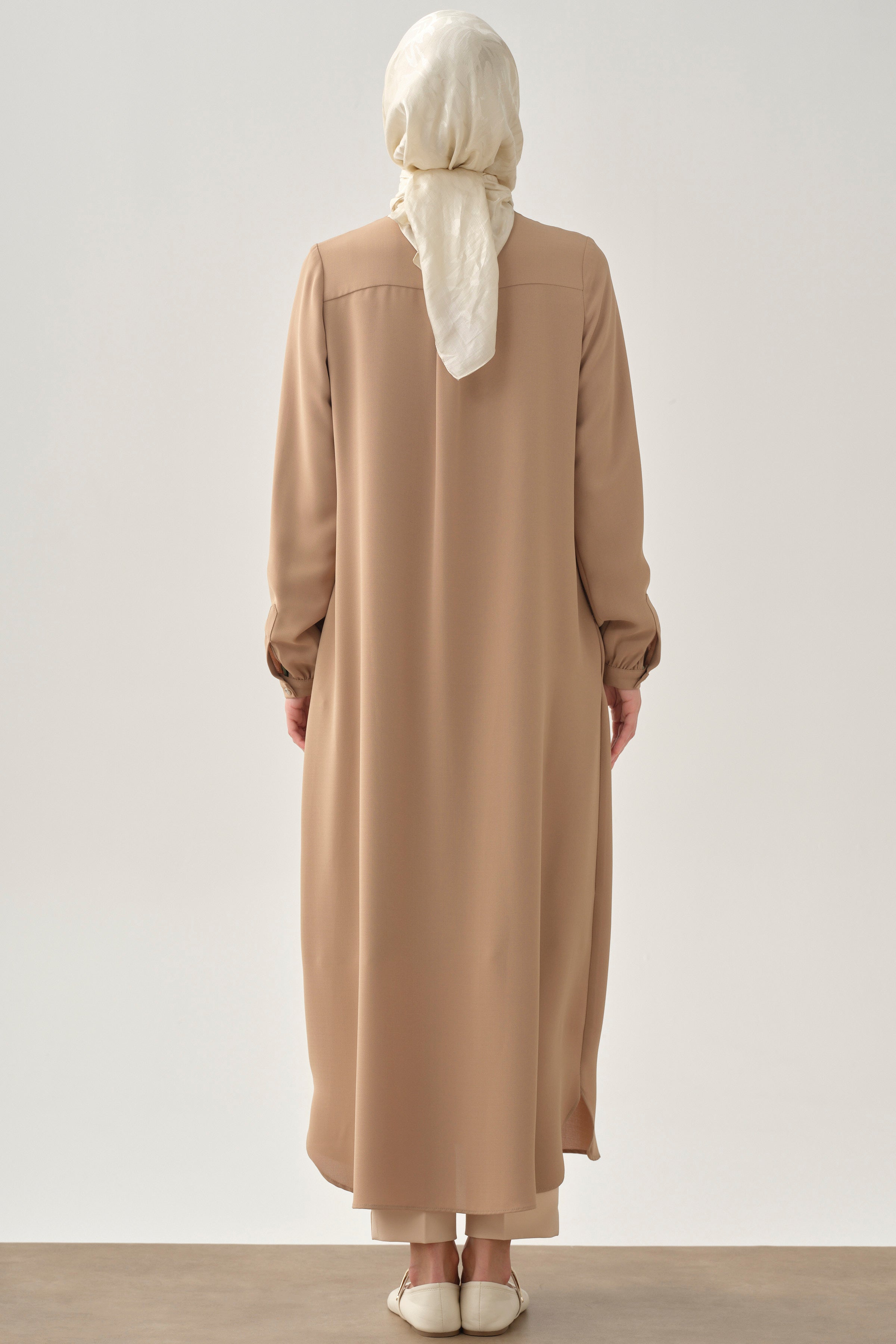 Sıfır Yaka Gizli Patlı Ferace - Bej TUGBA