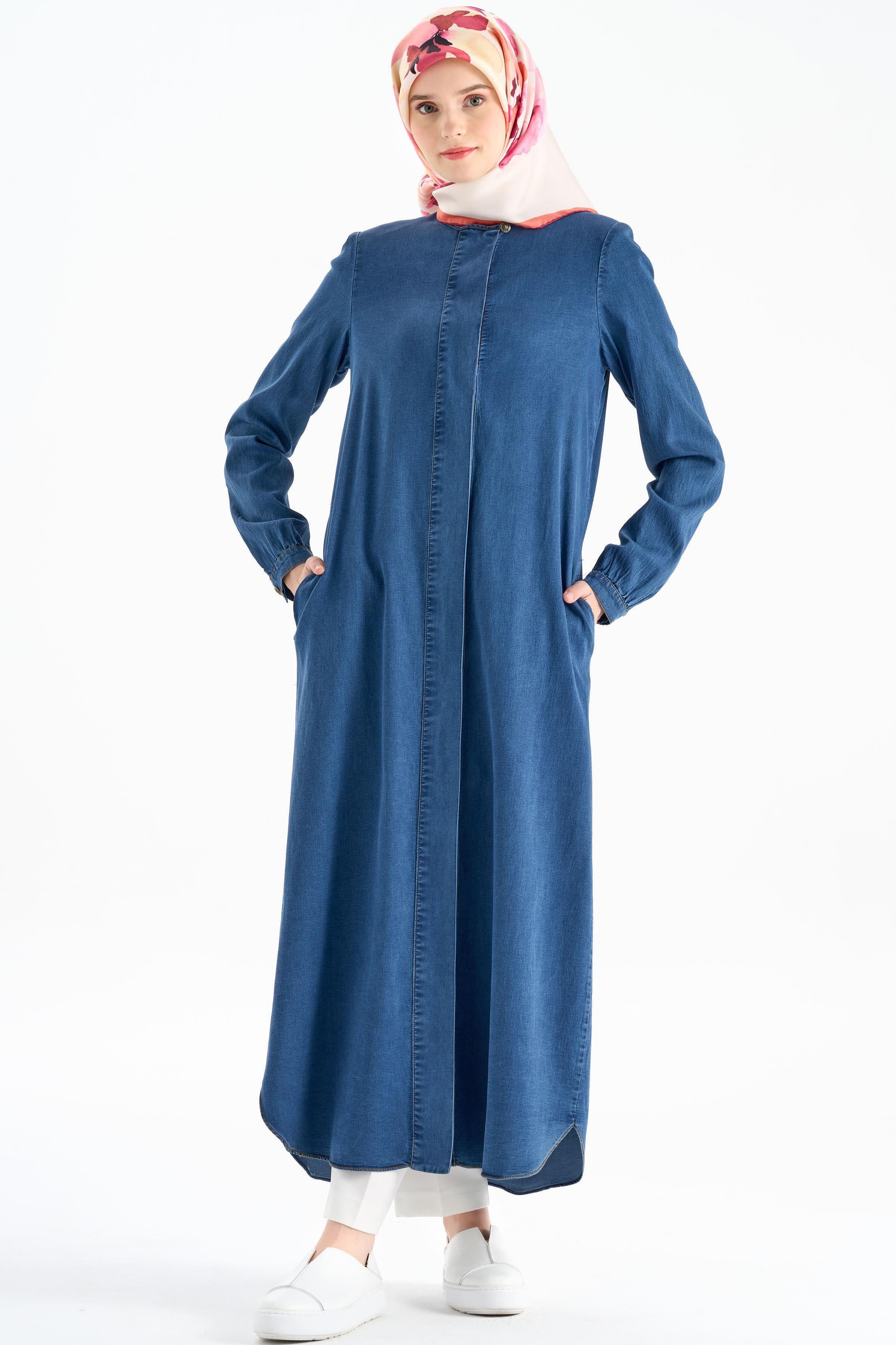 Sıfır Yaka Gizli Patlı Tencel Ferace - İndigo TUGBA