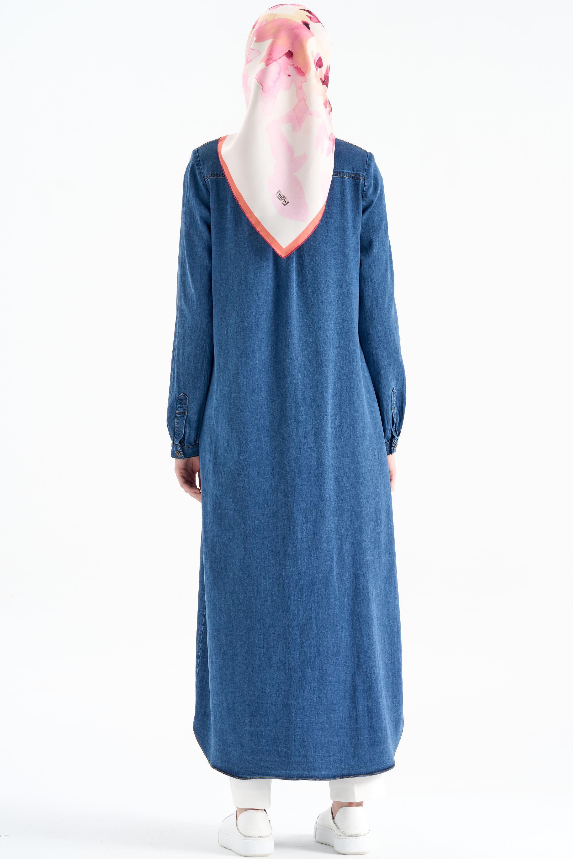 Sıfır Yaka Gizli Patlı Tencel Ferace - İndigo TUGBA