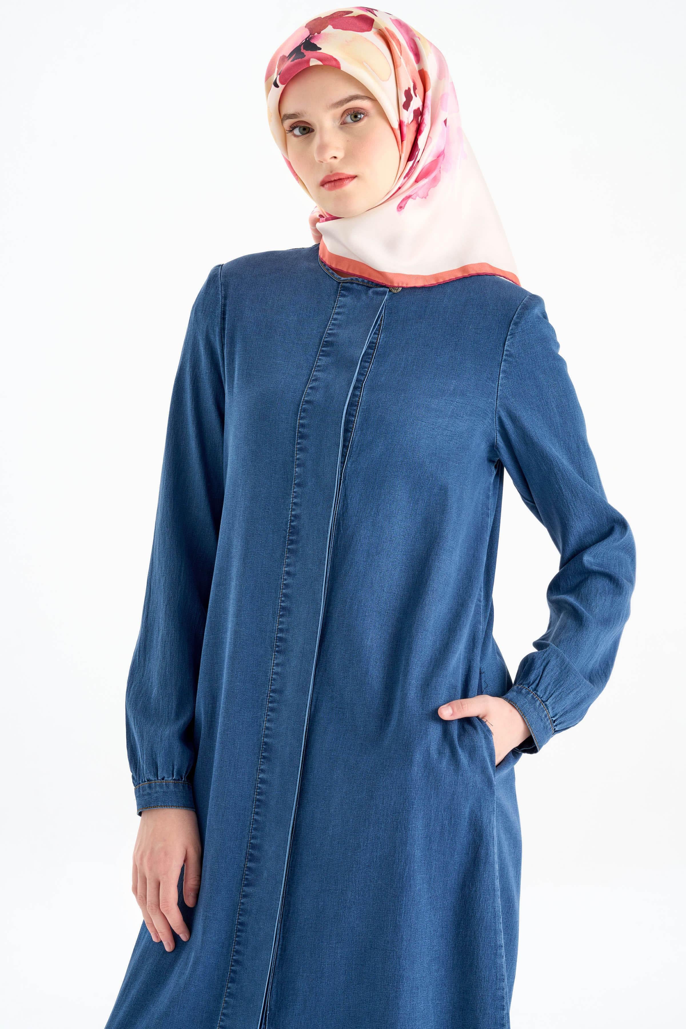 Sıfır Yaka Gizli Patlı Tencel Ferace - İndigo TUGBA