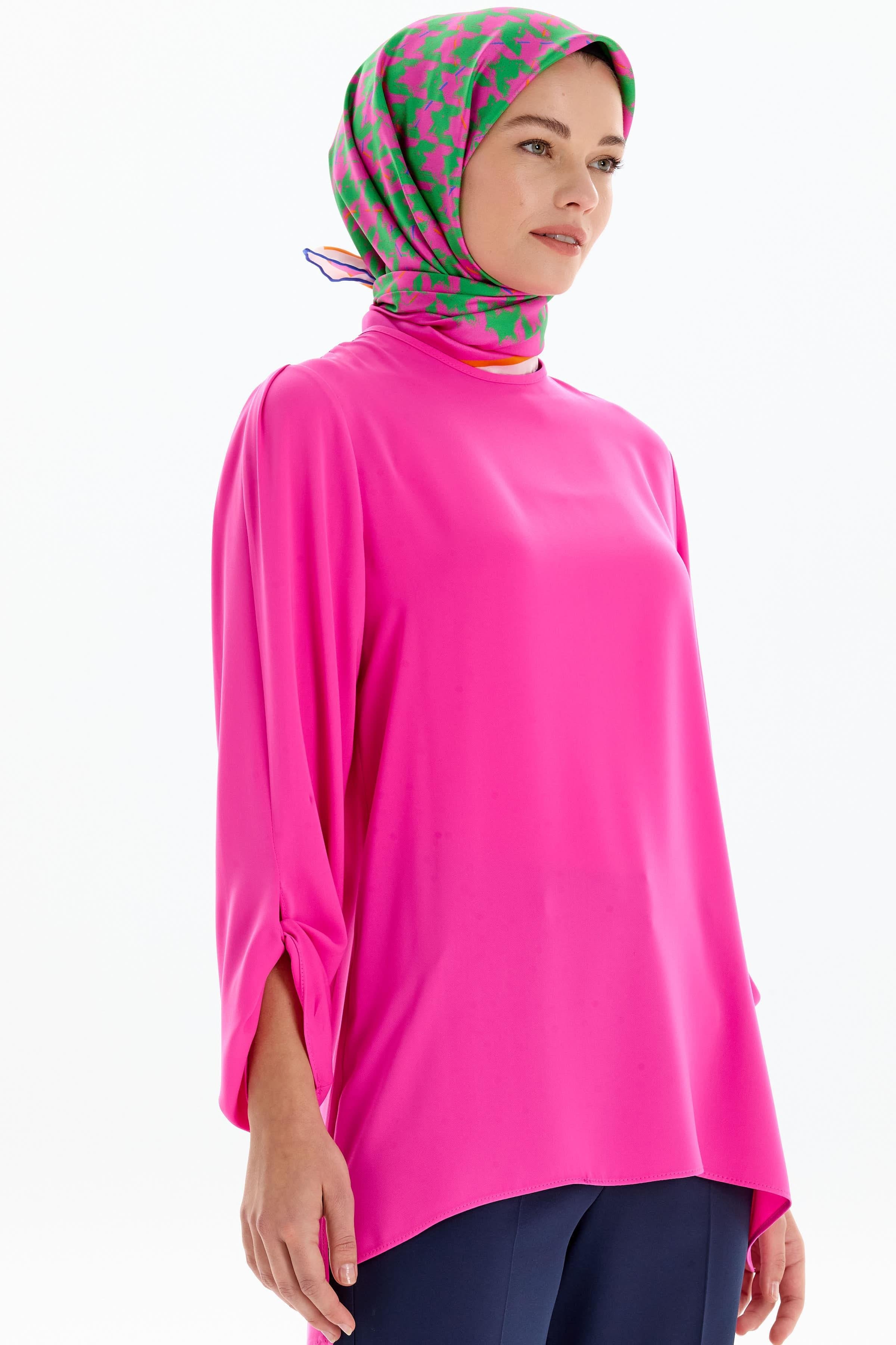 Sıfır Yaka Kol Detaylı Bluz - Fuşya TUGBA