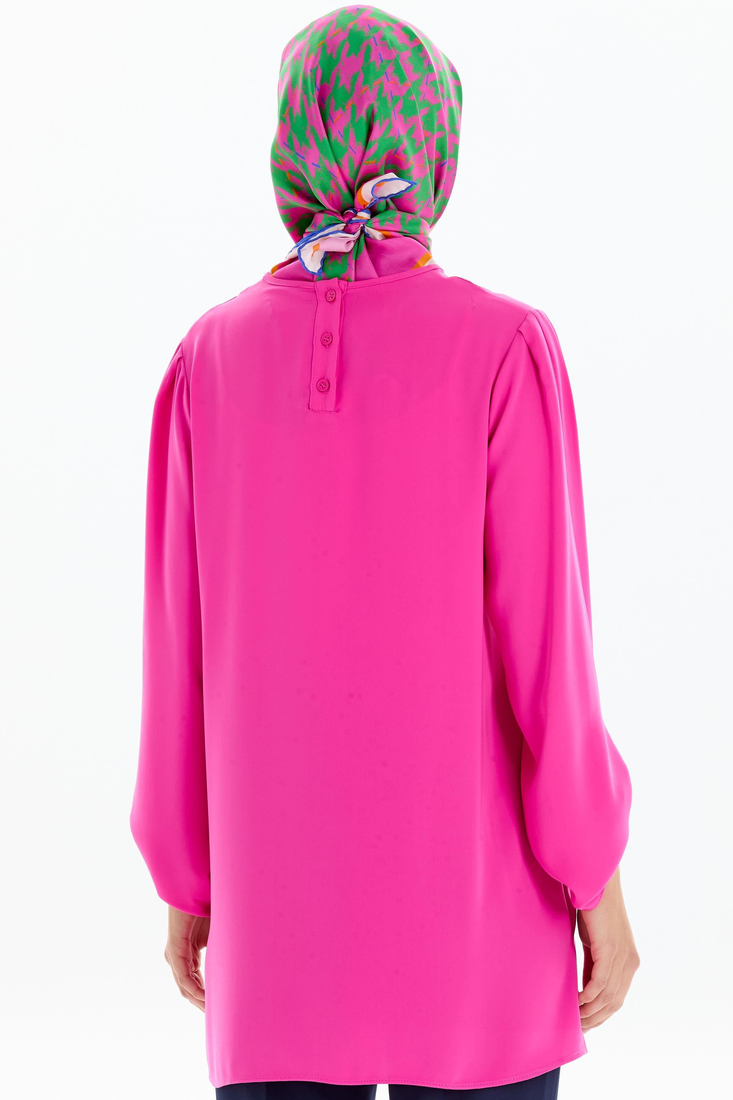 Sıfır Yaka Kol Detaylı Bluz - Fuşya TUGBA