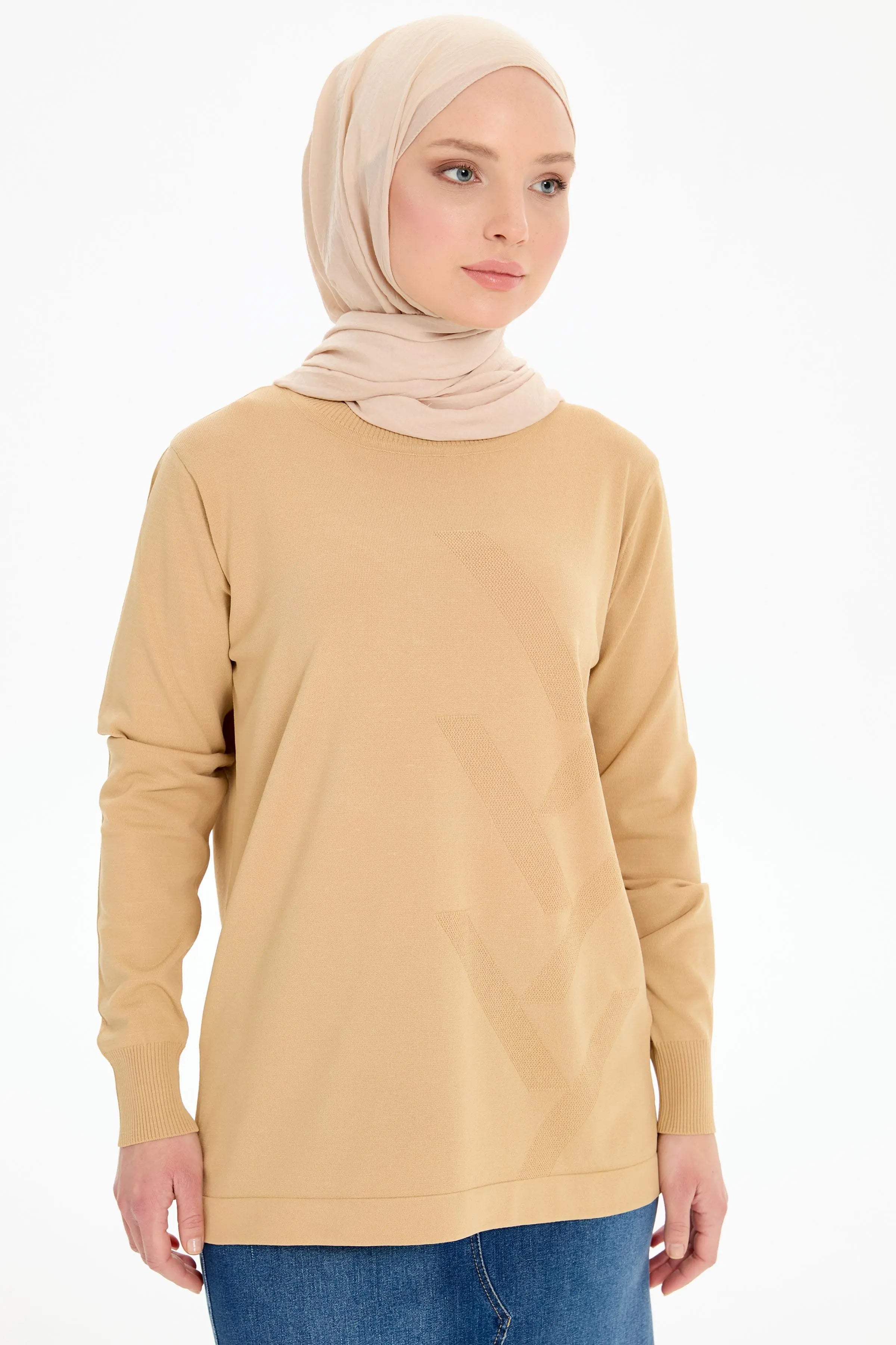 Sıfır Yaka Merserize Bluz - Bej TUGBA