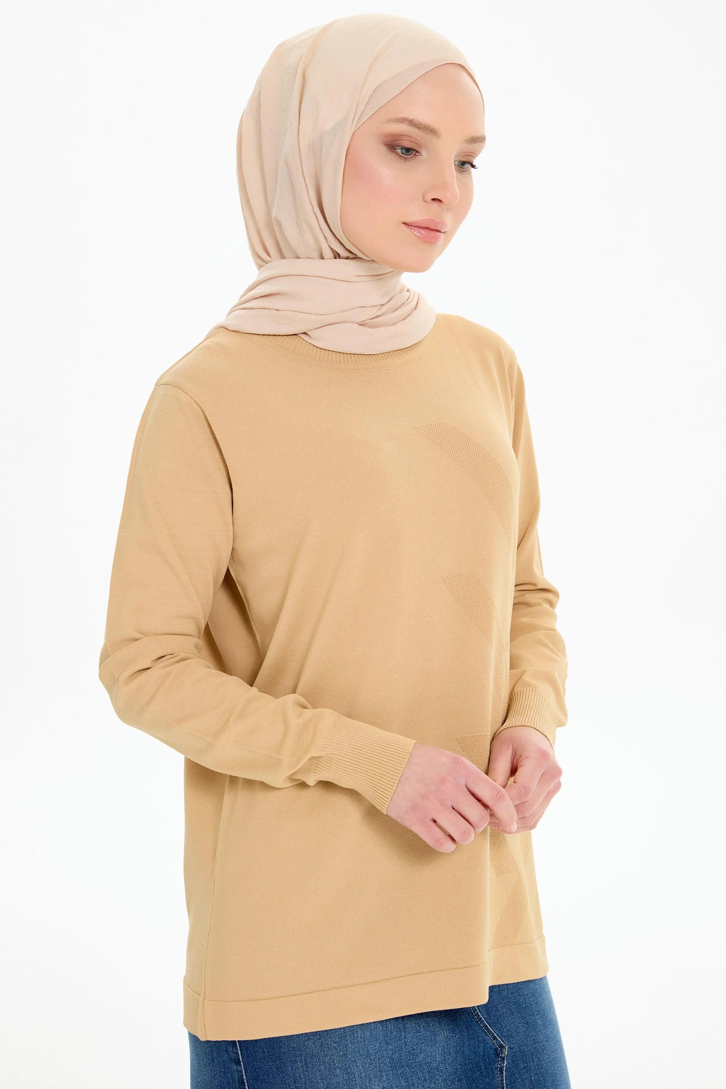 Sıfır Yaka Merserize Bluz - Bej TUGBA