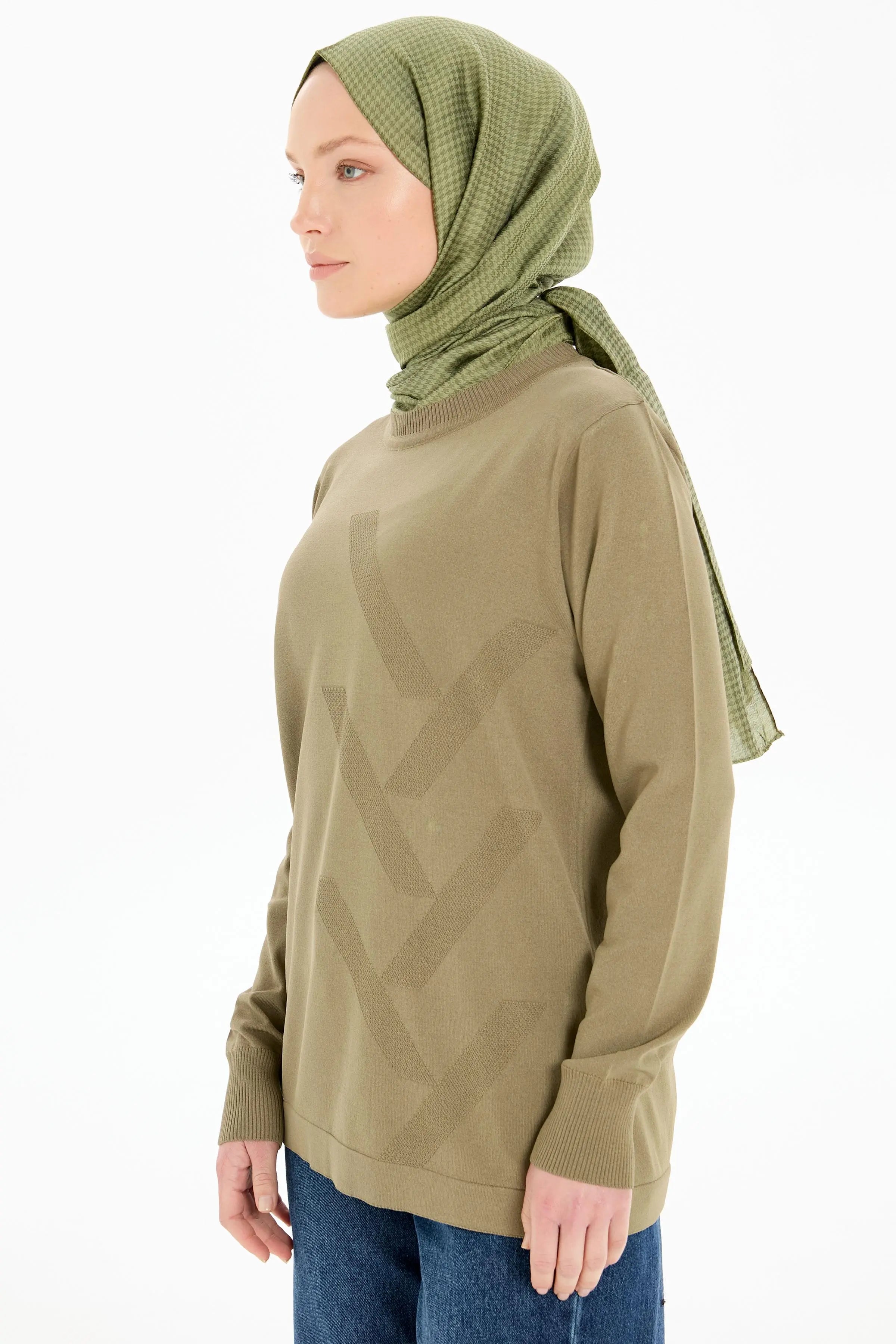 Sıfır Yaka Merserize Bluz - Haki TUGBA