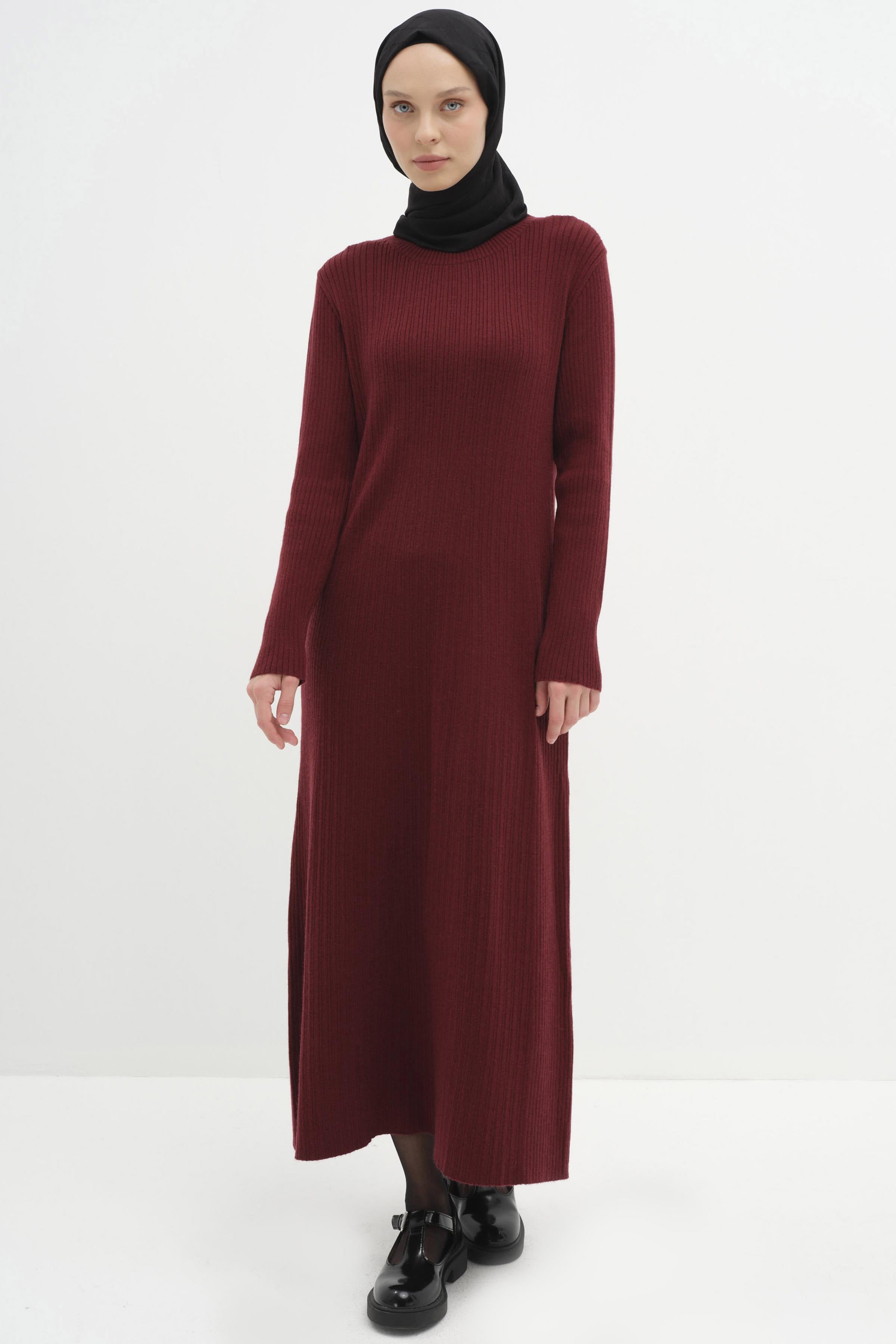 Sıfır Yaka Triko Elbise - Bordo TUGBA