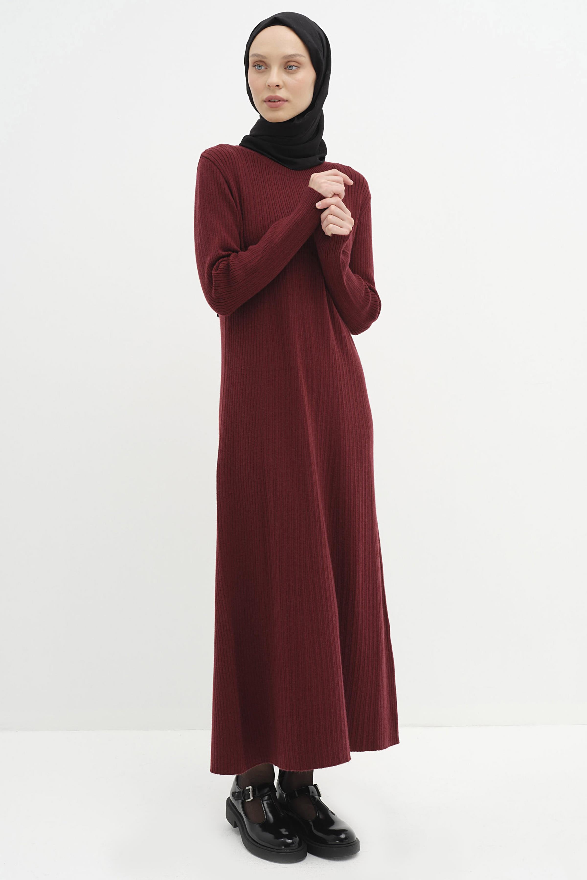 Sıfır Yaka Triko Elbise - Bordo TUGBA