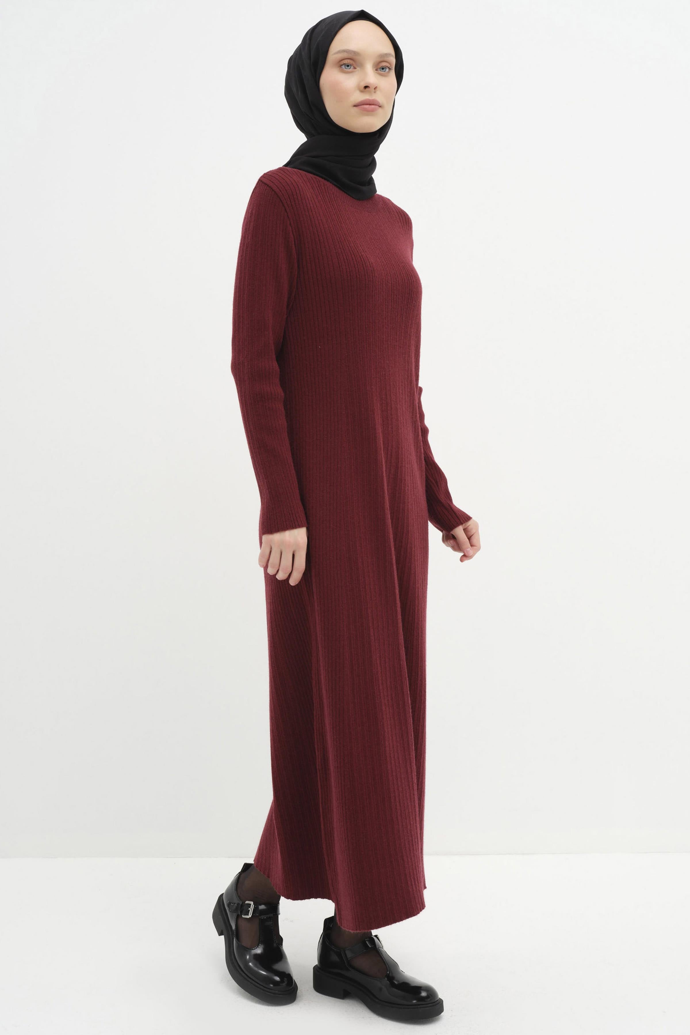 Sıfır Yaka Triko Elbise - Bordo TUGBA