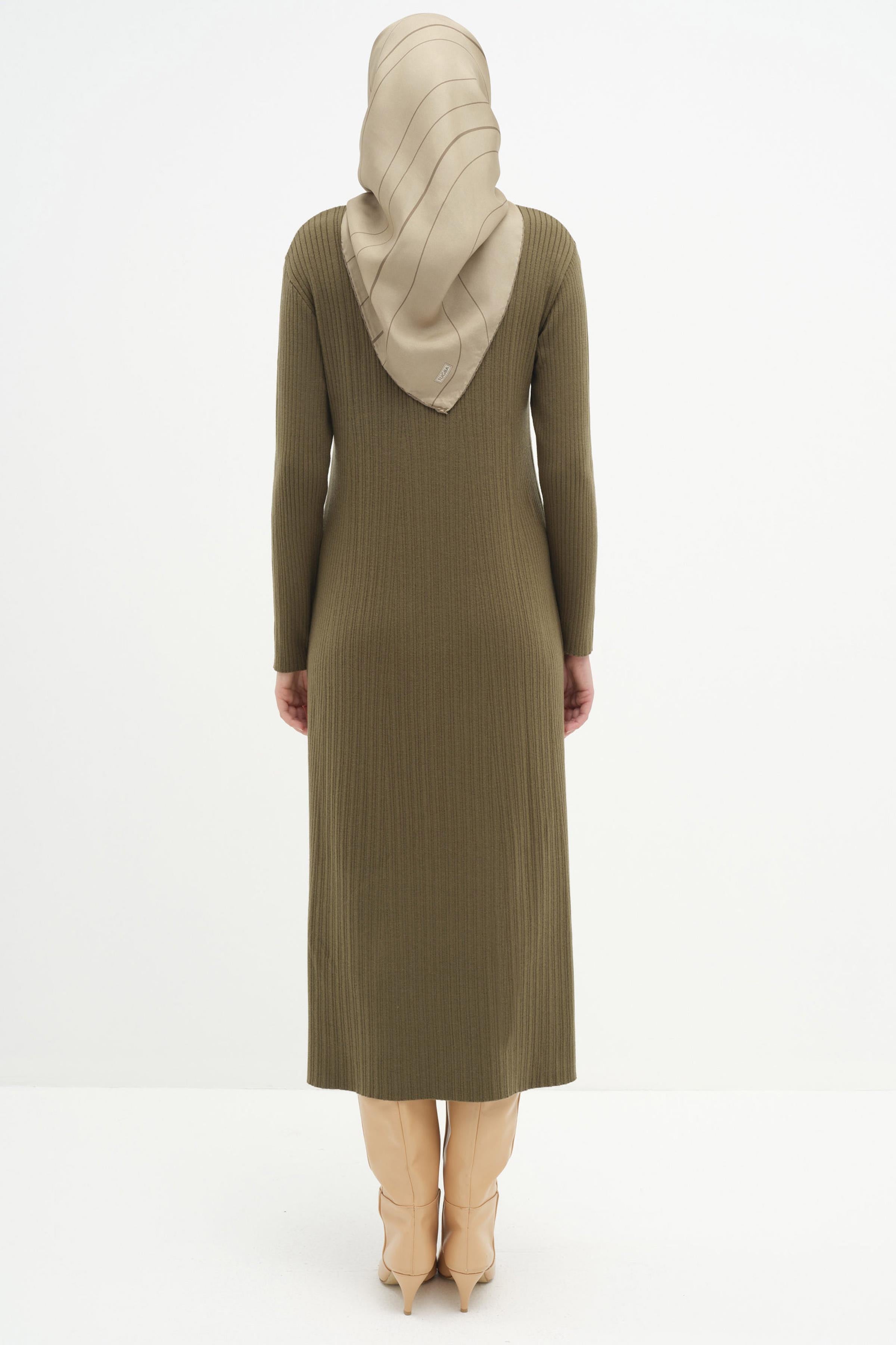 Sıfır Yaka Triko Elbise - Haki TUGBA