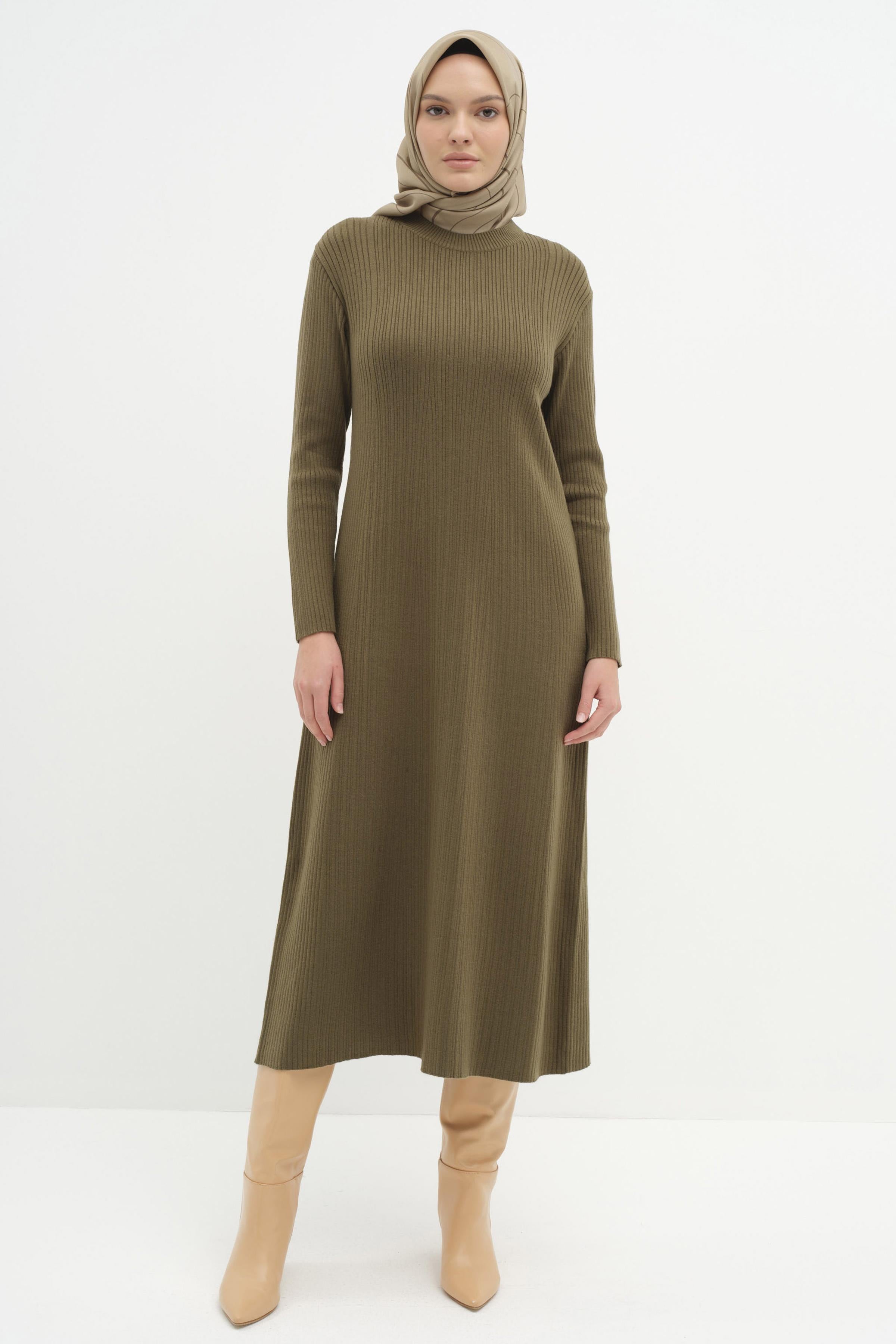 Sıfır Yaka Triko Elbise - Haki TUGBA