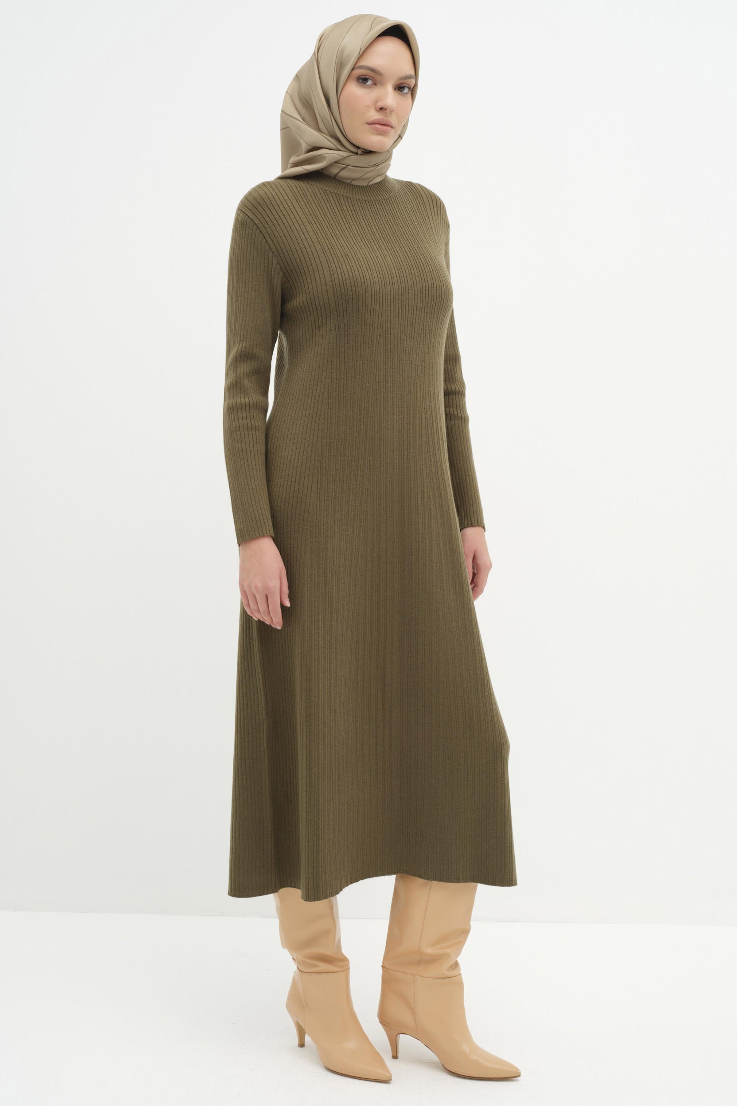 Sıfır Yaka Triko Elbise - Haki TUGBA