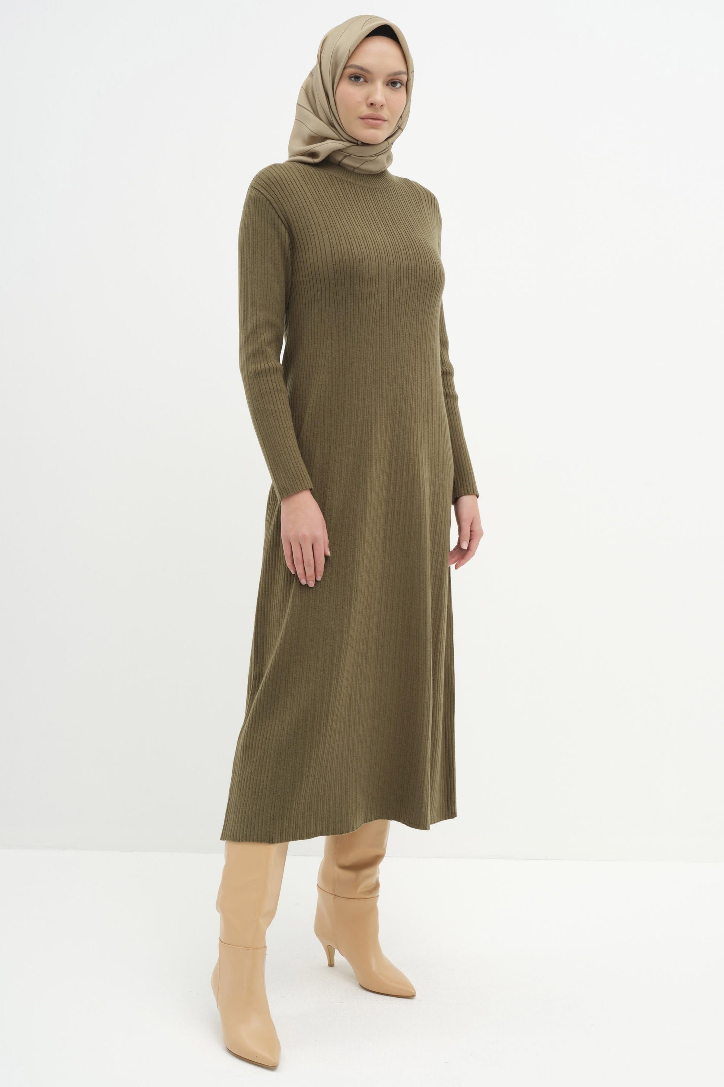 Sıfır Yaka Triko Elbise - Haki TUGBA